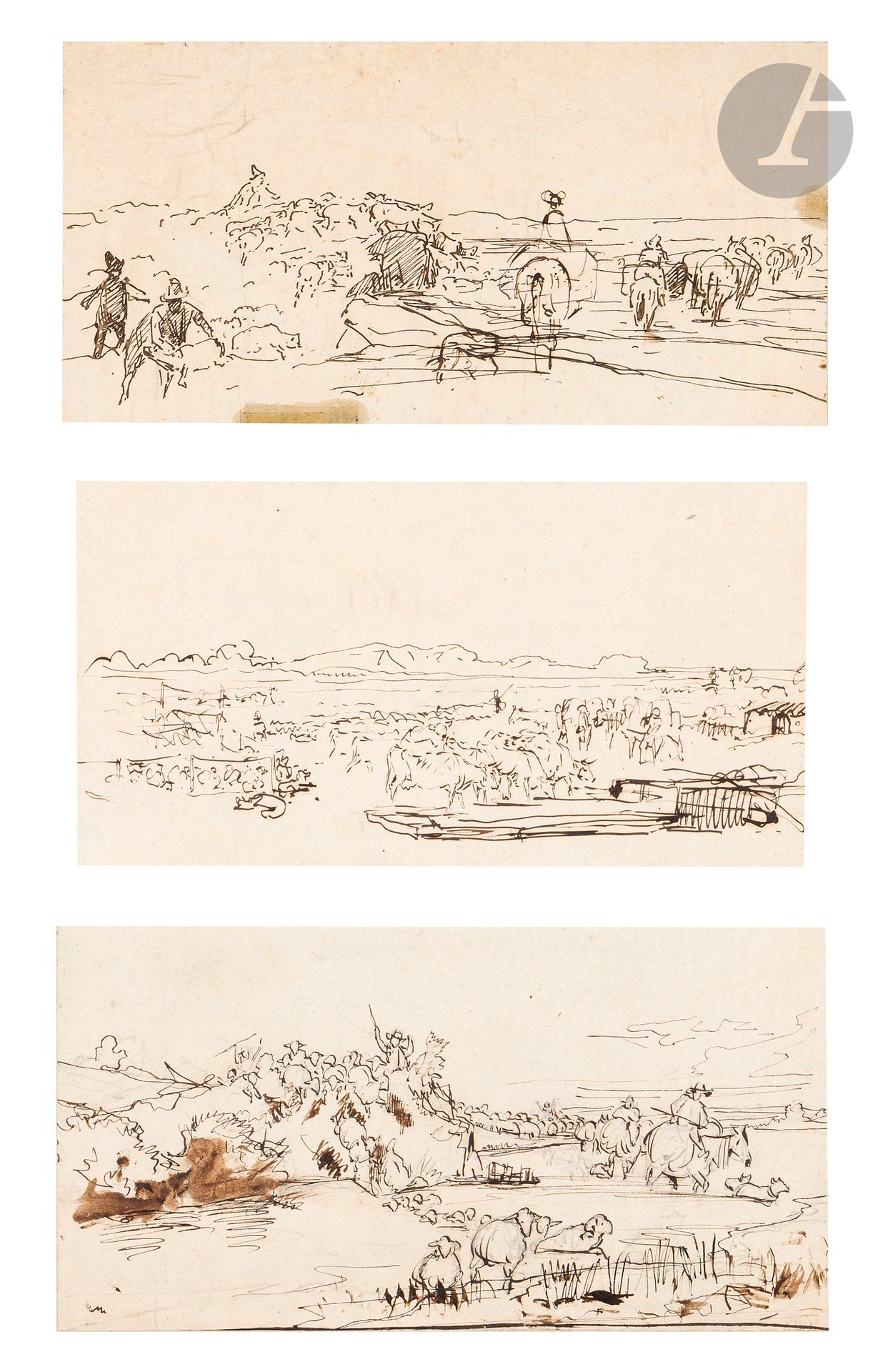 Filippo PALIZZI (Vasto 1818 - 1899 Rome)
Three pastorals
Pen and brown ink over black pencil lines.
(Glued in place, stains and small tears).
11.5 x 22.5 cm - 12 x 22 cm - 12 x 23 cm