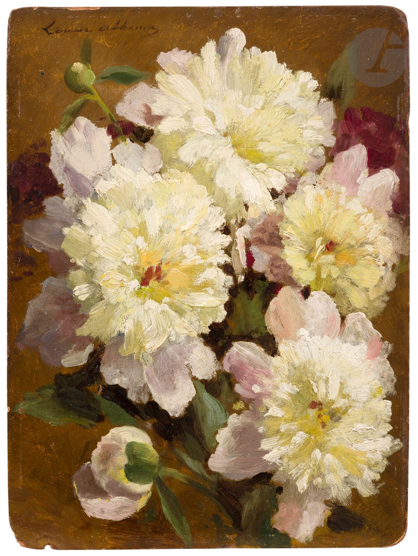 *Louise ABBÉMA (1858-1927)
Nature morte aux pivoines
Huile sur carton.
Signée en haut à gauche.
32 x 24 cm

Provenance : 
- Collection Barrie-Chevalier, le cachet de la vente de sa collection au verso.
- Vente Mes Mirabaud-Mercier, Hôtel Drouot, Paris, 21 mars 2023, n° 338.