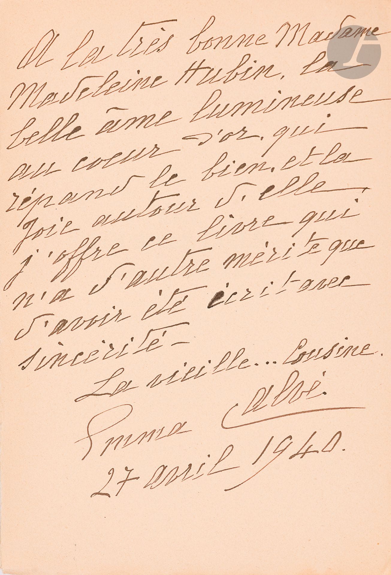Emma CALVÉ.
Sous tous les ciels j'ai chanté, Souvenirs, Paris, Plon, 1940. 16 plates hors texte. Copy with autograph dedication by Emma Calvé to Madeleine Hubin, "belle âme lumineuse au cœur d'or". Biography of Emma dedicated by Emma Calvé, "the old ... cousin", to Madeleine Hubin. [A loyal friend, Madeleine Hubin welcomed the singer at the end of her life at the Château de Creissels, which she owned. In 1944, she acquired most of the objects at the sale of Emma Calvé's personal effects].