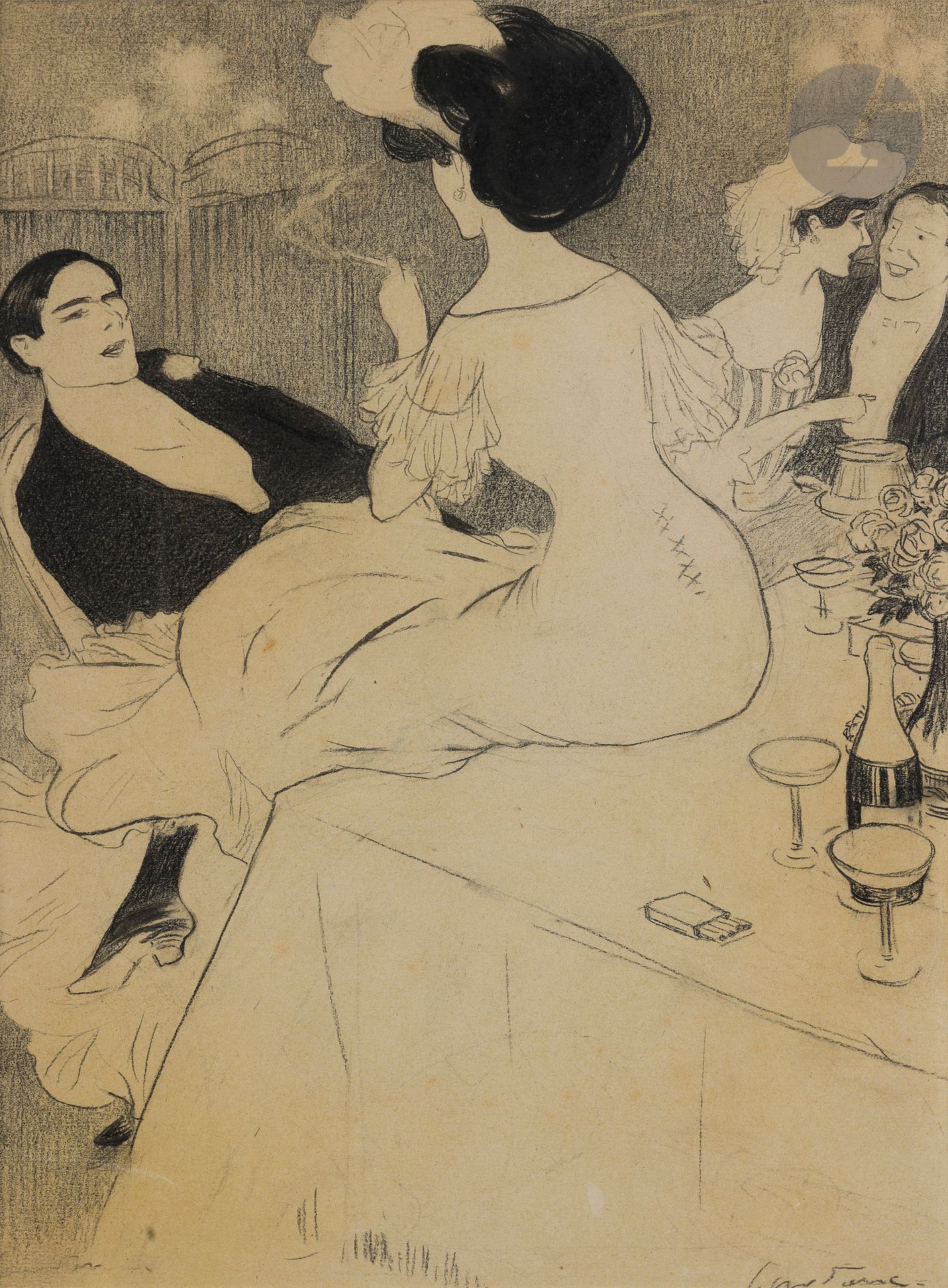 Joan CARDONA LLADOS (1877-1958)
Au bar, vers 1905 
Crayon noir et estompe.
Signé en bas à droite.
(Quelques rousseurs et petits plis épars).
38 x 28,5 cm