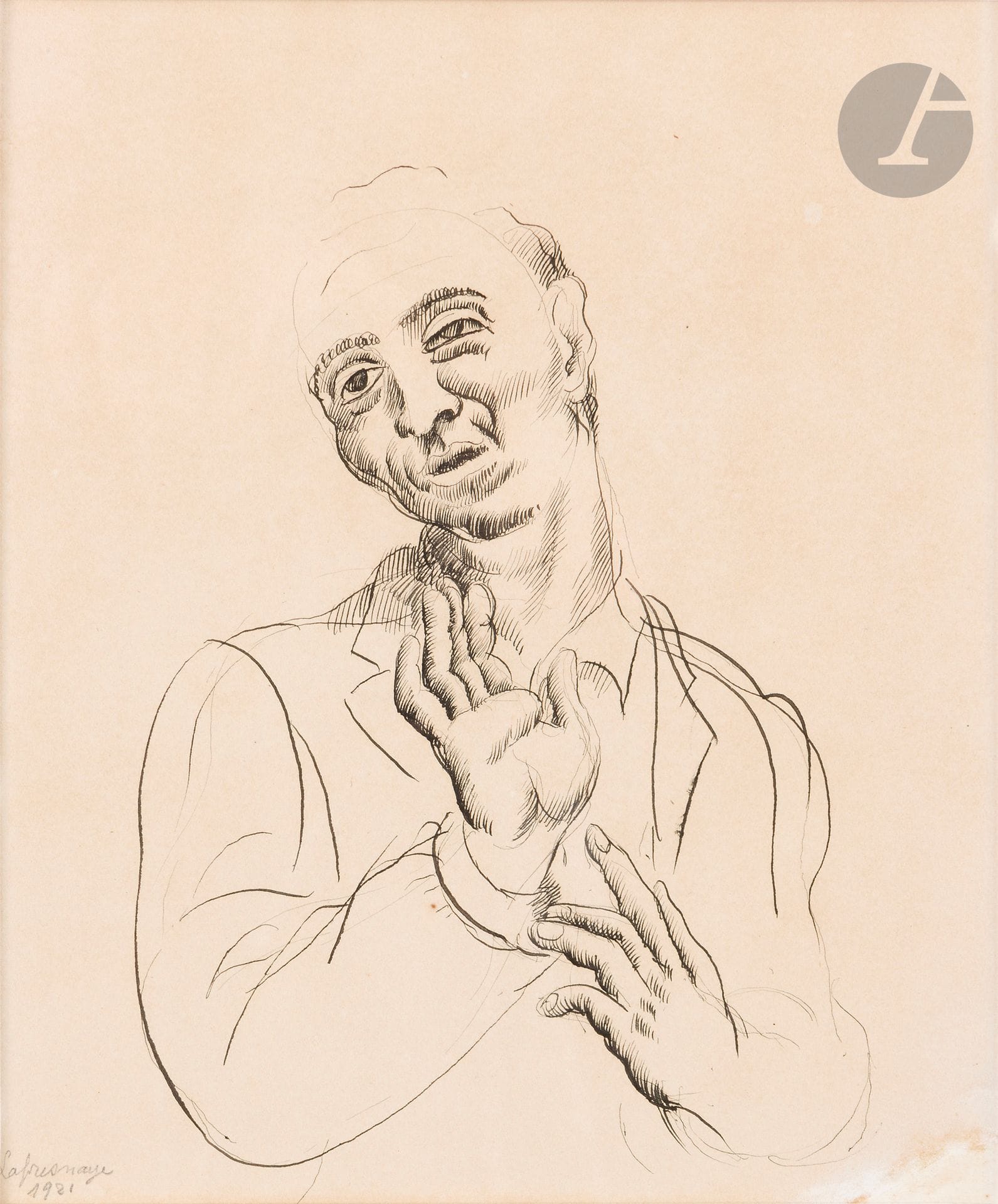 Roger de LA FRESNAYE (1885-1925)
Man (hands), 1921
Ink.
Signed and dated lower left. 
(Restoration in lower right corner).
24x20cm

Provenance: 
Collection of the artist Robert Lotiron - By descent.

Exhibition: 
Roger de la Fresnaye, Il nobile Cubista, Museo d'arte Mendrioso, Switzerland 2023, cat. no. 94 (reproduced).