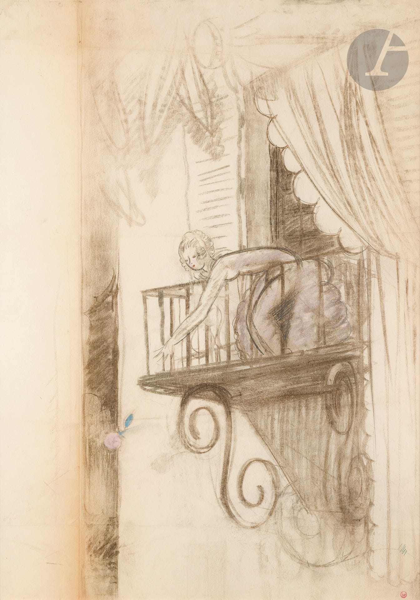 Georges LEPAPE (1887-1971)
Femme au balcon - Projet de décor pour la revue RIP
Fusain et pastel.
Timbre de l’atelier en bas à droite.
98 x 70 cm