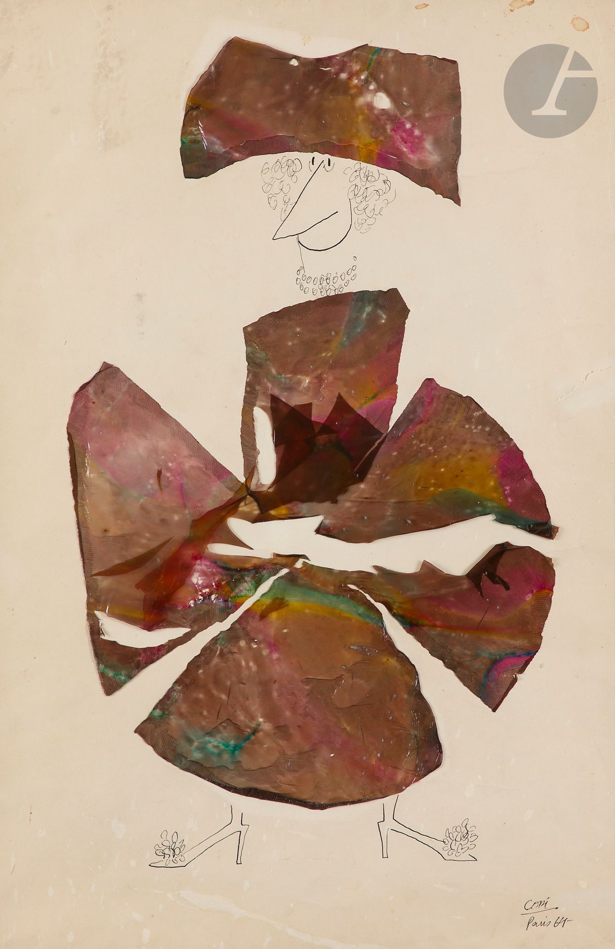 Raúl Damonte Botana, known as COPI (1939-1987)
Woman with hat, 1964
Ink and collage.
Signed and dated lower right.
(Tear at right edge, stains).
47 x 31 cm