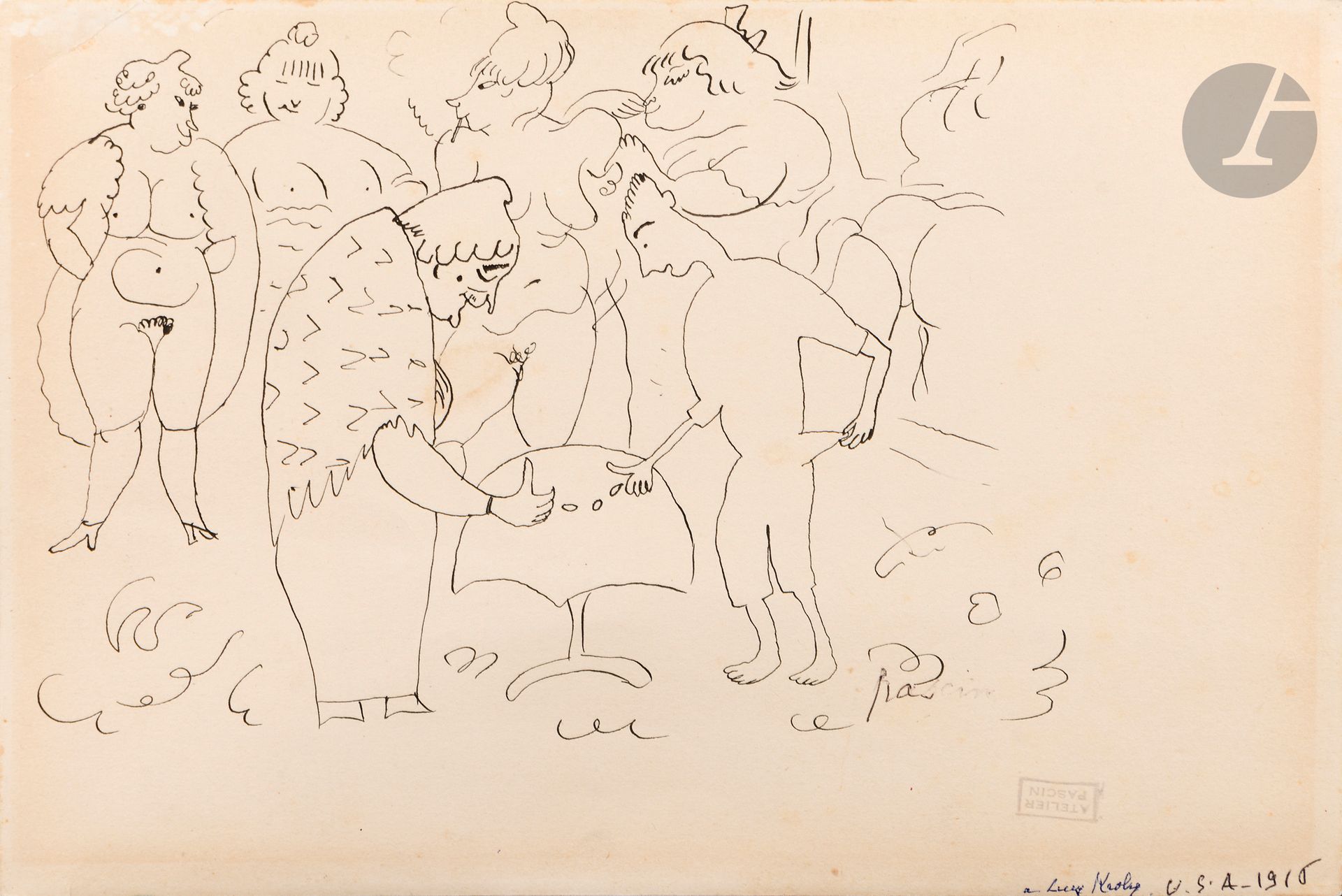 Julius Pincas, known as PASCIN (1885-1930)
The Young Man, 1915
Ink.
Signed lower right.
Studio stamp.
Annotated "to Lucy Kroly - USA 1915".
(Fold broken in one corner).
15 x 23 cm