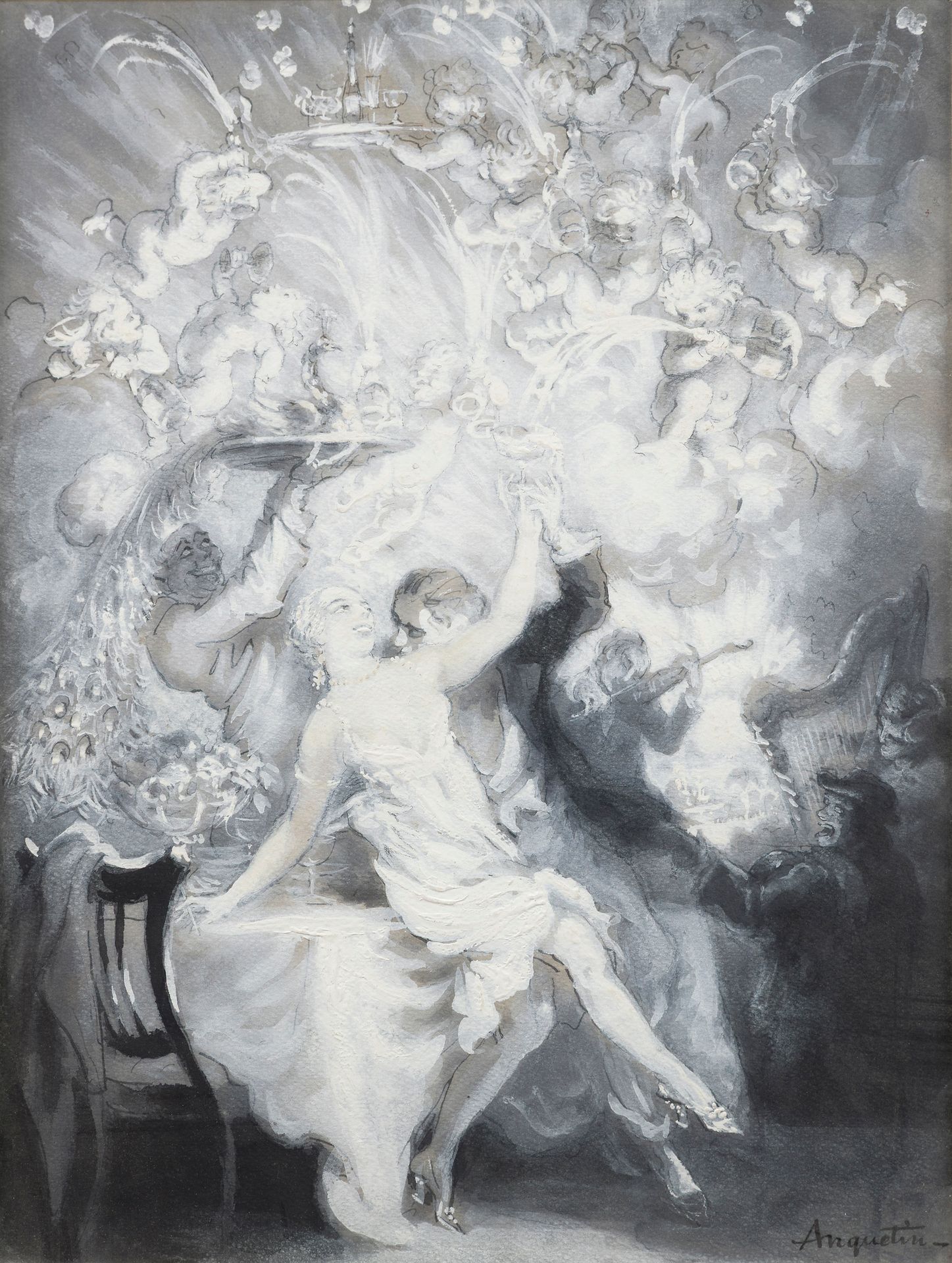 Louis ANQUETIN (1861-1932)
Le Bal
Encre, lavis gris et gouache blanche.
Signée en bas à droite.
40 x 30,5 cm
