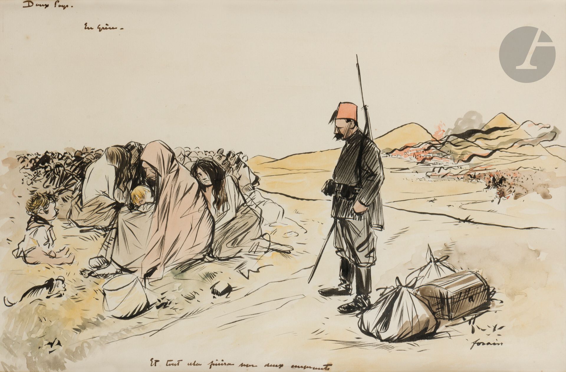 Jean-Louis FORAIN (1852-1931)
Doux pays. En grève. Et tout cela finira sur deux emprunts.
Encre et aquarelle.
Signée en bas à droite.
Titrée dans la composition.
27 x 40,5 cm
 
Il s'agit du dessin ayant servi à l'illustration du Figaro du jeudi 20 mai 1897, p. 3.