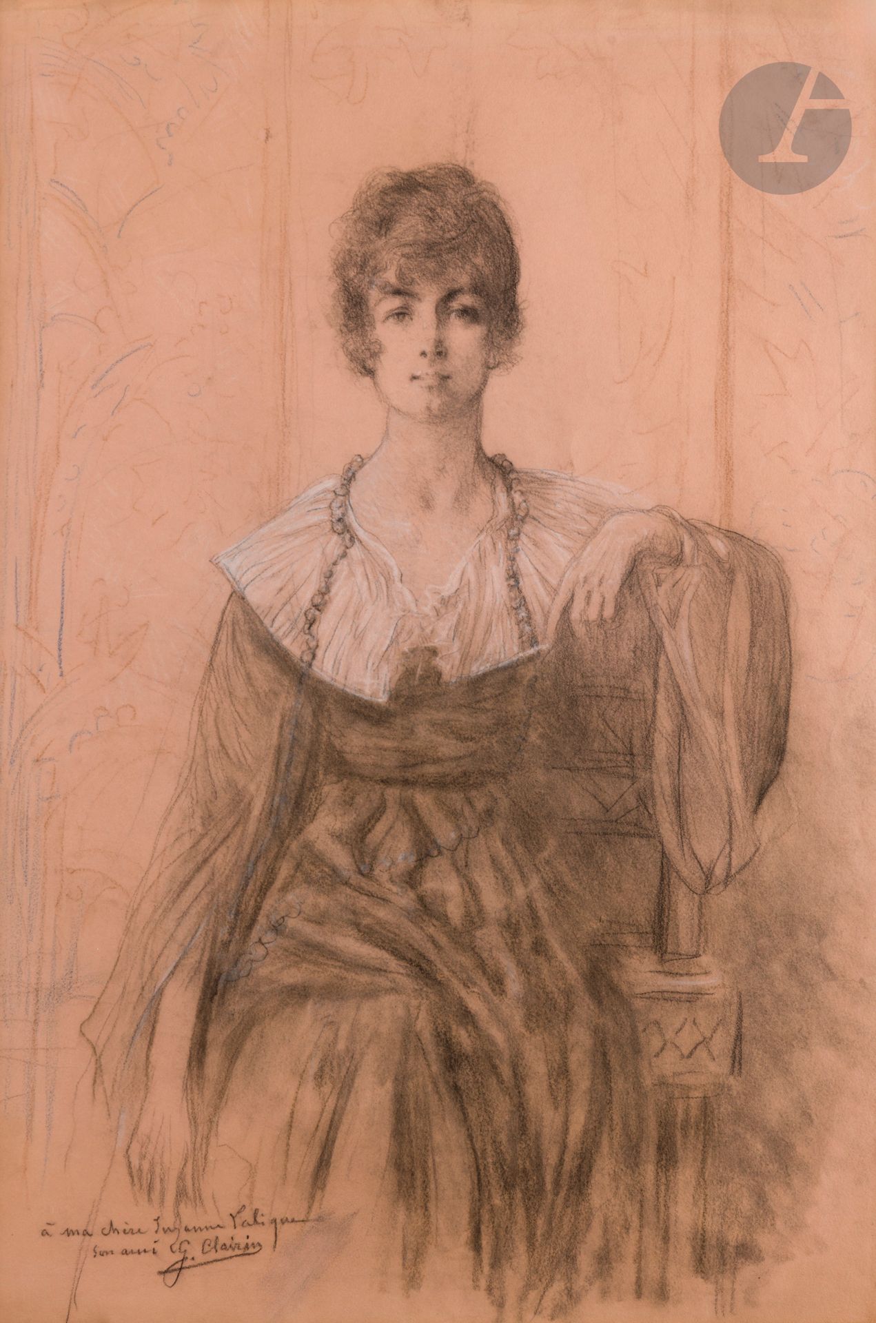 Georges CLAIRIN (1843-1919)
Portrait de Suzanne Lalique
Fusain, estompe, craie blanche et crayons de couleur sur papier rose.
Signé et dédicacé "à ma chère Suzanne Lalique, son ami G. Clairin" en bas à gauche.
54 x 36,5 cm