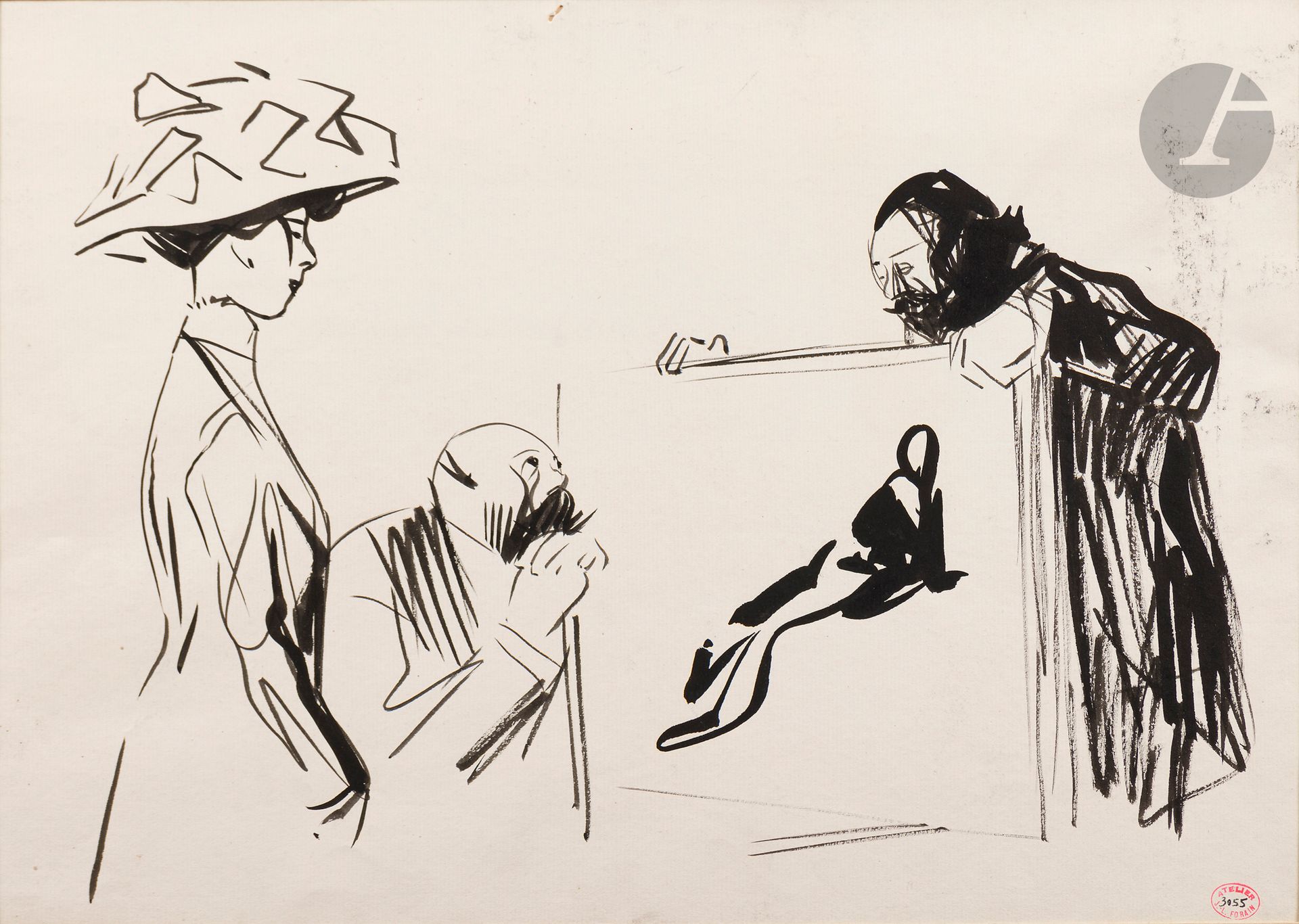 Jean-Louis FORAIN (1852-1931)
Le Couple et le peintre - La Présentation du tableau - La Demande - La Proposition - Le Marchand de tableau
5 encres et ou crayons.
Timbres de l'atelier Forain (Lugt 936f).
27 x 38 cm - 46 x 38 cm - 46 x 38 cm - 37 x 31,5 cm - 47 x 31,5 cm