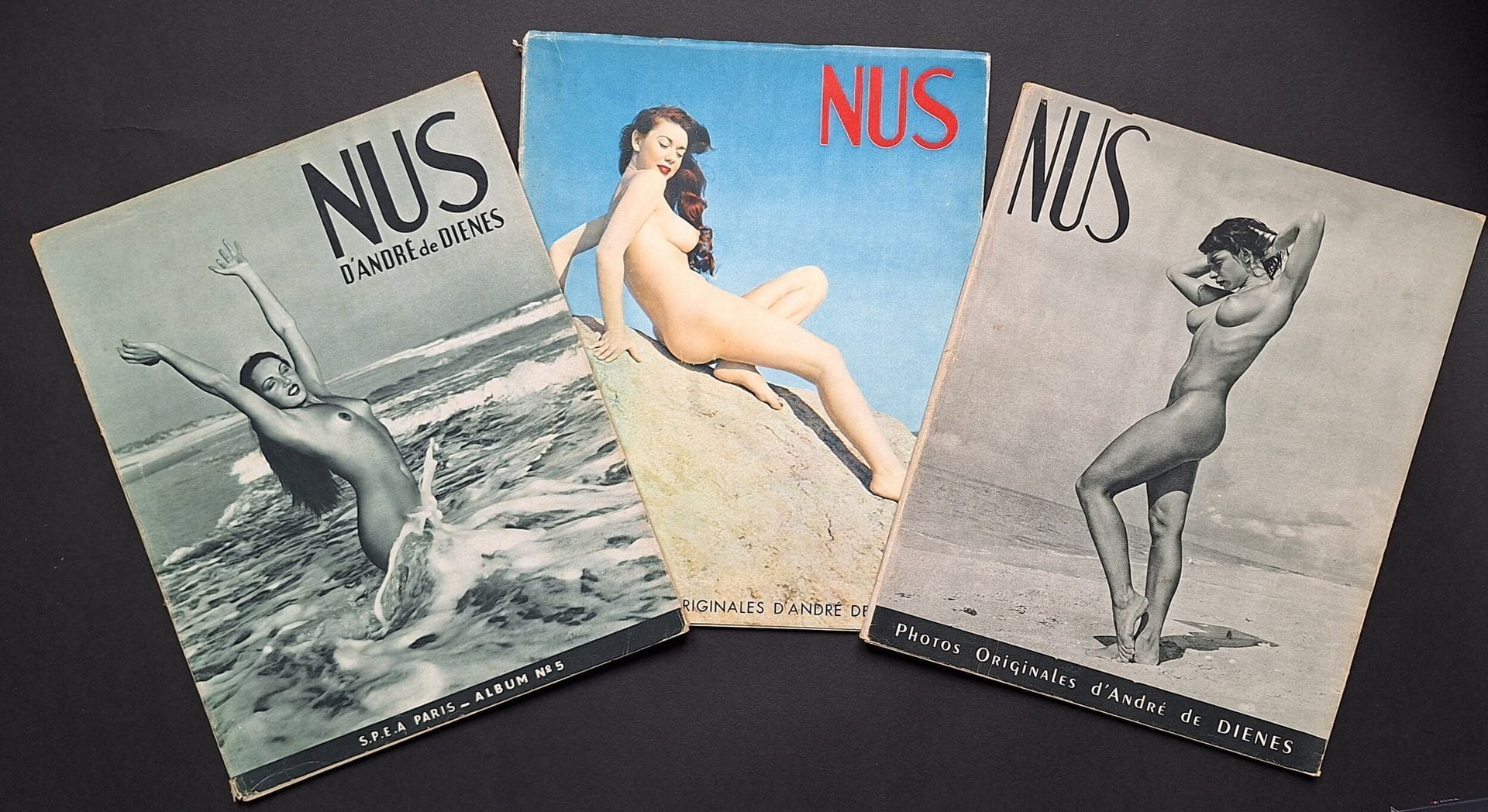 DE DIENES, ANDRÉ (1913-1985)
Trois ouvrages. 
*Nus. Album n°9.
Société Parisienne d'Éditions Artistiques, Paris, s.d.
In-4 (29,5 x 23 cm). Édition originale. 30 photographies en noir et blanc; 6 photographies en couleurs. Cartonnage muet sous jaquette illustrée.
*Nus d'André de Diènes. Album n°5.
Société Parisienne d'Éditions Artistiques, Paris, s.d.
In-4 (29,5 x 23 cm). Édition originale. 44 photographies reproduites en héliogravure. Cartonnage muet sous jaquette illustrée.
*Nus d'André de Diènes. 
Société Parisienne d'Éditions Artistiques, Paris, 1951.
In-4 (29,5 x 23 cm). Édition originale. 45 photographies reproduites en héliogravure. Cartonnage muet sous jaquette illustrée.