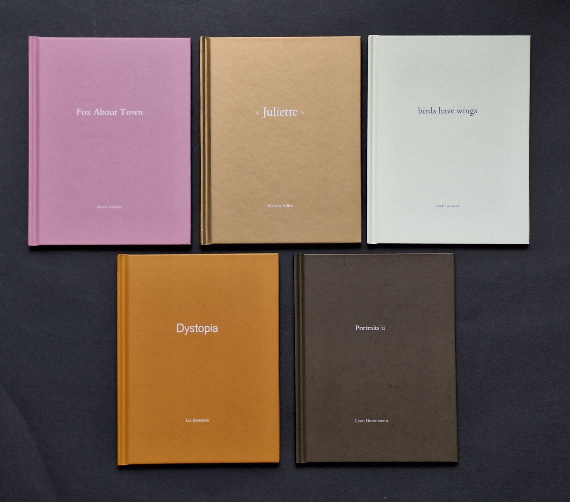 *ONE PICTURE BOOK n°72, n°76, n°77, n°78 & n°79
Cinq ouvrages, dont les n°72 et 78 en AP (Artist Proof)

Liz Steketee
*Dystopia
Nazraeli Press, 2011

Leon Borensztein
*Portraits ii
Nazraeli Press, 2012

Carol e.Richards
*Birds have wings
Nazraeli Press, 2012

Melanie Pullen
*Juliette
Nazraeli Press, 2012

Martin Usborne
*Fox About Town
Nazraeli Press, 2012

Tous
Tirage à 500 exemplaires numérotés. Reproductions photographiques et une photographie originale, signée au dos, contrecollée sur un bord. Cartonnage avec titre en blanc. Sous pochette plastique de l'éditeur.