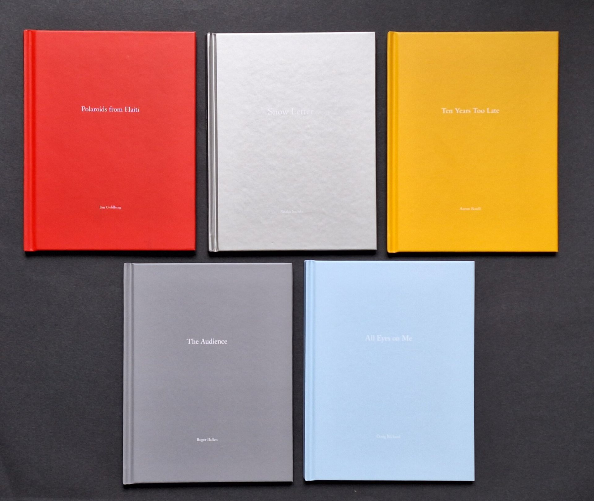 ONE PICTURE BOOK n°80, n°84, n°85, n°86 & n°87
Five books, including n°80 and 84 in AP (Artist Proof)

Risaku Suzuki
*Snow Letter
Nazraeli Press, 2012

Jim Goldberg
*Polaroids from Haiti
Nazraeli Press, 2013

Roger Ballen
*The Audience
Nazraeli Press, 2014

Doug Rickard
*All Eyes on Me
Nazraeli Press, 2014

Aaron Ruell
*Ten Years Too Late
Nazraeli Press, 2014

All
Edition of 500 numbered copies. Photographic reproductions and an original photograph, signed on the spine, laminated to one edge. Hardback with title in white. In publisher's plastic sleeve.