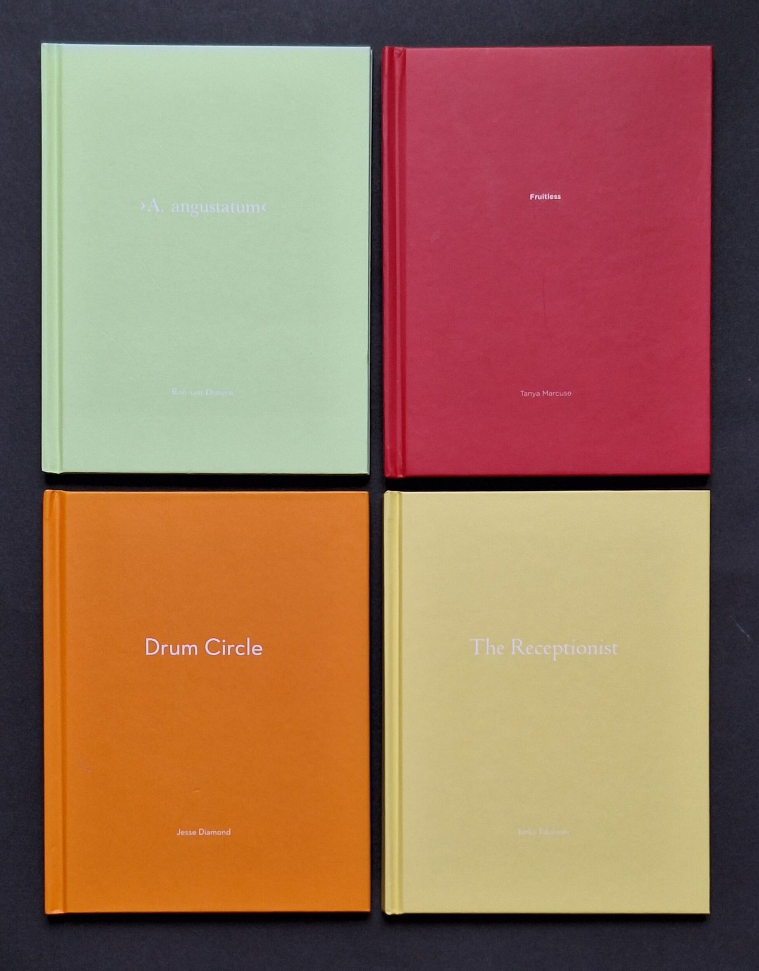 ONE PICTURE BOOK n° 37, n°38, n°42 & n°44
Four books

Ron Van Dongen
*A. angustatum
Nazraeli Press, 2006

Junko Takahashi
*The receptionist
Nazraeli Press, 2006

Tanya Marcuse
*Fruitless
Nazraeli Press, 2007

Jesse Diamond
*Drum Circle
Nazraeli Press, 2007

All
Edition of 500 numbered copies. Photographic reproductions and an original photograph, signed on the spine, laminated on one edge. Hardcover with white title. In publisher's plastic sleeve.