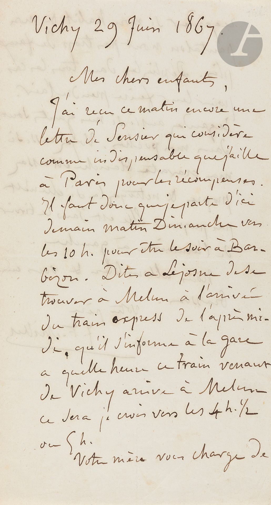 Jean-François MILLET (1814-1875).
L.A.S., Vichy 29 juin 1867, à ses «chers enfants»; 2pages in-8.
Il a reçu une lettre de Sensier [Alfred Sensier (1815-1877), collectionneur et historien d’art, ami et biographe de Théodore Rousseau et Millet] «qui considère comme indispensable que j’aille à Paris pour les récompenses» [remise de médaille de première classe, le 1er juillet, dans le cadre de l’Exposition universelle de 1867, où Millet présentait neuf tableaux]. Il partira donc le lendemain matin pour être le soir à Barbizon, et demande à Lejosne de venir le chercher à la gare de Melun. «Votre mère vous charge de regarder si mon habit & mon pantalon n’ont pas trop de faux plis. Dépliez les dans tous les cas pour leur faire prendre l’air. Regardez aussi si mes gants sont dans mes poches. Voyez aussi si ma cravate blanche est assez propre, & nettoyez la si elle n’est pas propre»…