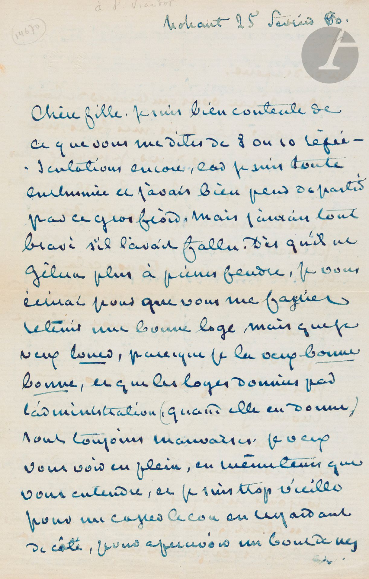 George SAND (1804-1876).
L.A.S., Nohant 25 février 1860, à Pauline VIARDOT; 3pages in-8 son chiffre GS, à l’encre bleue.
Belle lettre affectueuse à la chanteuse, qui triomphe dans Orphée de Gluck, sur leur projet d’opéra-comique d’après La Mare au diable.
«Chère fille, je suis bien contente de ce que vous me dites de 8 ou 10 représentations encore [d’Orphée], car je suis toute enrhumée et j’avais bien peur de partir par ce gros froid. Mais j’aurais tout bravé s’il l’avait fallu. Dès qu’il ne gèlera plus à pierre fendre, je vous écrirai pour que vous me fassiez retenir une bonne loge, mais que je veux louer, parce que je la veux bonne bonne, et que les loges données par l’administration (quand elle en donne) sont toujours mauvaises. Je veux vous voir en plein, en même temps que vous entendre, et je suis trop vieille pour me casser le cou en regardant de côté, pour apercevoir un bout de nez ou de draperie.
Oui, j’irai vous embrasser de tout mon cœur et de tous mes bras, un bon matin, pas dîner. Je ne peux plus rester à table au delà de 8 à 10 minutes sans être malade, à moins d’être en plein air, l’été, sur la terrasse de Nohant, et je ne présume pas trouver cela à Paris pour le quart d’heure. Ah! quand y reviendrez-vous, à ce pauvre Nohant que vous avez tant délaissé! Ce n’est pas à Paris qu’on se retrouve, à moins d’y être fixé, mais quand on y va en courant, toujours pour affaires et en comptant les heures de rendez-vous (toujours manqués par parenthèse) et en étant forcé de voir tous ses amis à la fois, ce qui est ne pas les voir, ça fait l’effet de goûter à tout sans rien manger. Il faudra que vous me promettiez de venir cette année, ou c’est moi qui vous ferai des reproches. Ce Paris me devient impossible. Je suis désacclimatée, et moi qui ai ici une bonne santé, je n’y mets plus le pied sans être malade pour tout de bon. – Je n’ai jamais su si vous aviez reçu tous les vers de la Mare au diable. […] Vous me direz si la chose vous va, et quand vous vous retrouverez dans vos loisirs de campagne, à Nohant peut-être, (laissez-moi rêver ça) vous ferez un petit chef-d’œuvre.
Bonsoir ma chérie fifille, j’embrasse tendrement vous, et Louis, et toute la marmaille».
Correspondance, t.XXV (S875).