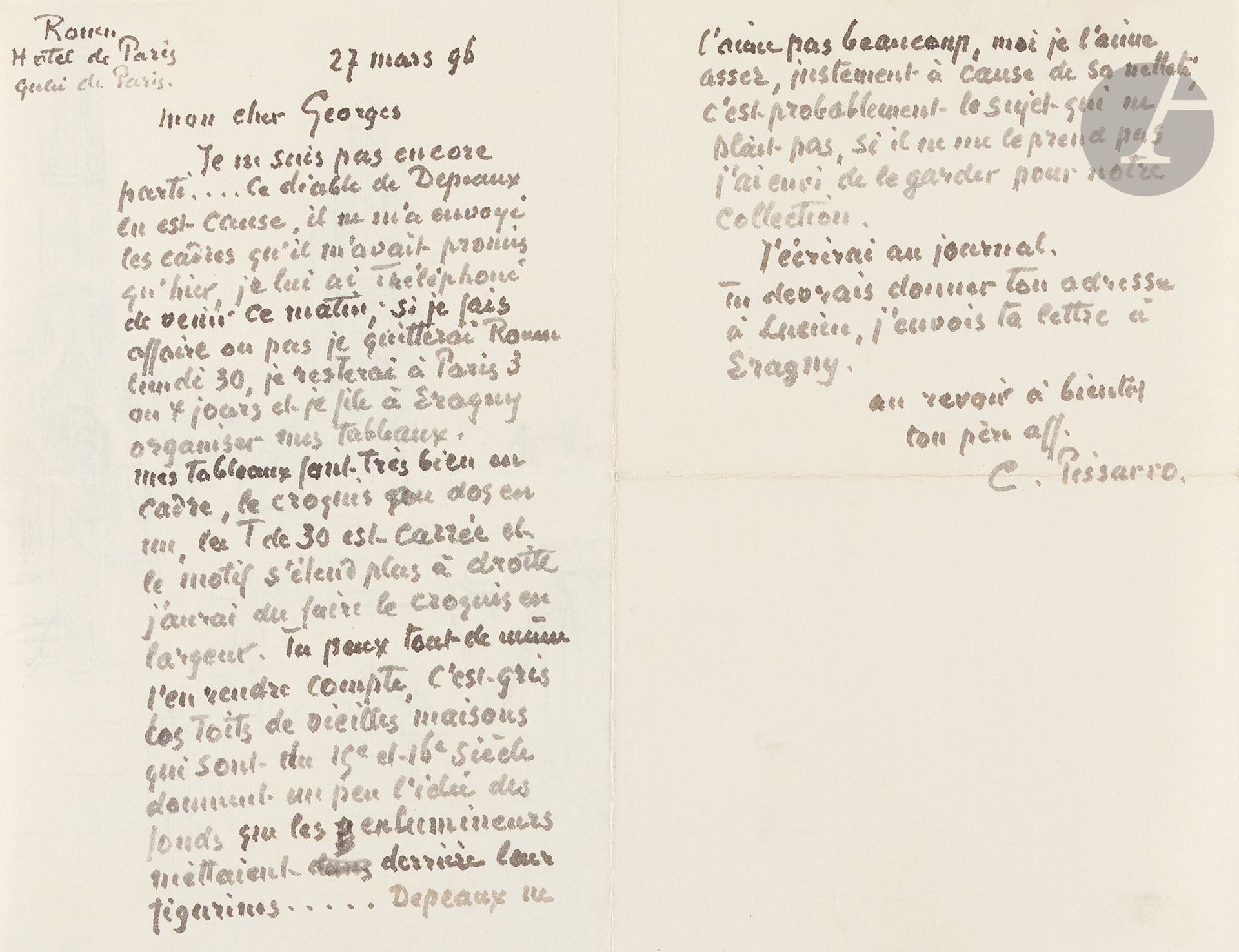 Camille PISSARRO (1830-1903). 
L.A.S. with drawing, Rouen March 27, 1896, to his son Georges PISSARRO; 2 1/2 pages in-8, stamped envelope.
Beautiful letter illustrated with a pen-and-ink view of Rouen.
Pissarro is in Rouen, at the Hôtel de Paris; he writes to his son Georges [Manzana-Pissarro], who is in England (The Cedars, in Sunbury on Thames).
He is still in Rouen, because of "that devil Depeaux" [collector François Depeaux (1853-1920)] who has delayed sending the promised frames: "I'll leave Rouen on Monday 30th, I'll stay in Paris for 3 or 4 days and I'll go to Eragny to organize my paintings. My paintings do very well in frames, the sketch on the back in one, the T of 30 is square and the motif extends more to the right I should have done the sketch in width. You can still see it, it's gray, the roofs of old houses from the 15th and 16th centuries give you an idea of the backgrounds that illuminators used to put behind their figures... Depeaux doesn't like it very much, I like it quite a bit, precisely because of its sharpness, it's probably the subject that doesn't appeal, if he doesn't take it from me I'd like to keep it for our collection"...
Verso, on a full page (17.7 x 11.5cm), pen and brown ink drawing of the rooftops of old Rouen and the cathedral. 
[The painting Les Toits du vieux Rouen is in the Toledo Museum of Art].