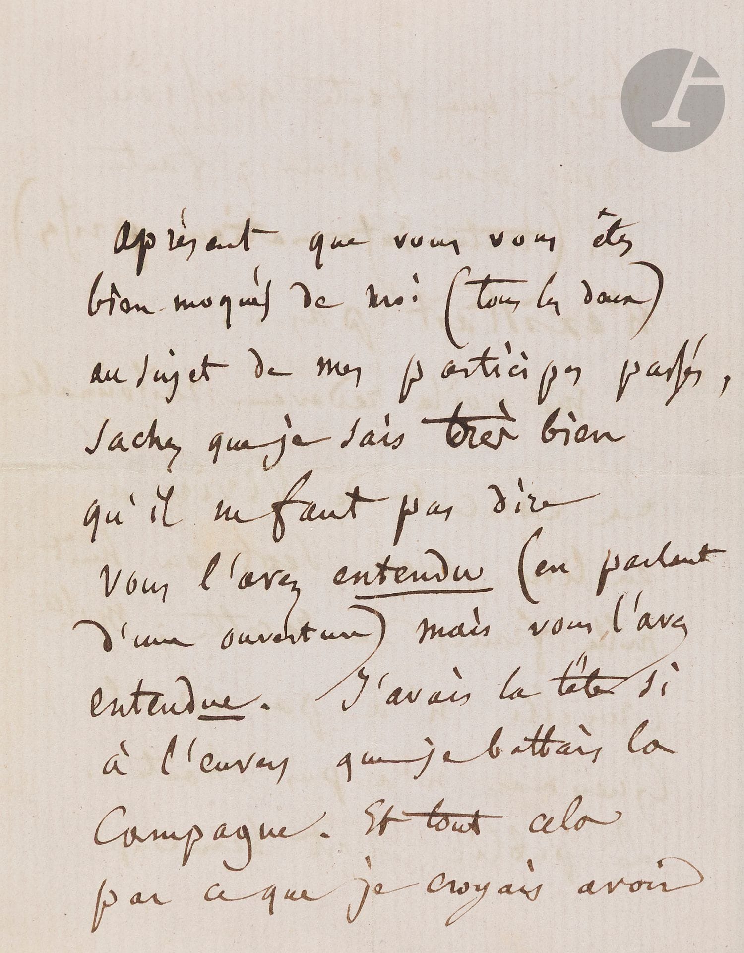 Hector BERLIOZ (1803-1869).
L.A.S., Saturday morning [May 24, 1856, to Théodore RITTER and Toussaint BENNET]; 3pages in-12 (small mourning).
Amusing unpublished letter, written the day after the letter of May 23 [Correspondance, t.V, no. 2130].
"Now that you've had a good laugh at me (both of you) about my past participles, I want you to know that I know very well not to say you heard it (referring to an overture) but you heard it. My head was so upside down I was beating the countryside. And all because I thought I'd made a gross error in my poem [the libretto of Les Troyens]; an error which (all information taken) didn't exist. Now I'm reasonable again".
Then he talks about the concert given on May 23rd at the Théâtre Italien by horn player Eugène Vivier: "Vivier's concert took place with seven or eight thousand francs in takings; Melle Cruvelli didn't sing, Gueymar didn't sing. The public became very angry when these two failures were announced, and Vivier was able to say, like Boileau's man: 
We have neither Lambert nor Molière
But since I have you, I'm too happy"...
Attached is an autograph bill signed to Théodore Ritter, [ca. August 25, 1857] (1p. in-12, address): "Mon cher Théodore Venez donc un moment avec votre partition de Roméo. I have discovered a bun in the arrangement of the Scherzo"... (Correspondance générale, t.VIII, p.455).