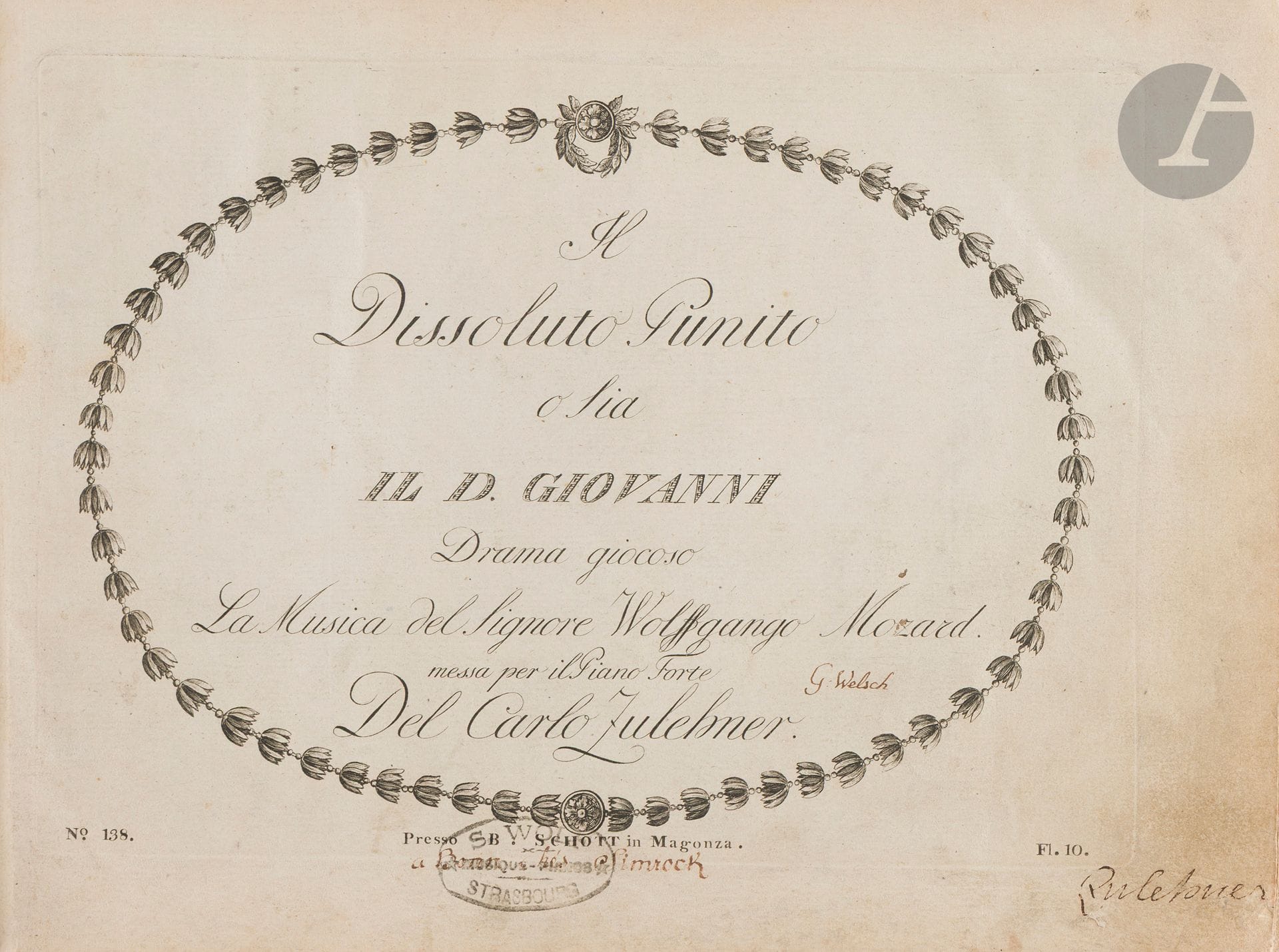 *Wolfgang Amadeus MOZART (1756-1791).
Il Dissoluto Punito o sia il D. Giovanni. Drama giocoso. La Musica del Signore Wolffgango MOZARD, messa per il Piano Forte del Carlo ZULEHNER (Magonza [Mainz], B.Schott, [1791]); cotage N°138; in-4 oblong de 207pages (21,8 x 30,2cm), reliure de l’époque demi-basane fauve, étiquette de titre sur le plat sup. (rel. usagée) 
Rarissime première édition de Don Giovanni, en premier tirage. 
Titre et musique gravés, liste des «Personen», texte en italien et allemand.
Exemplaire signé sur la page de titre par Carlo ZULEHNER (1770-1841).
Sous le nom de l’éditeur, inscription manuscrite «a Bonn chés Simrock»; cachet encre du marchand de musique S. Wolf à Strasbourg. Sur le titre et sur la page de garde, signature de possesseurs «G. Welsch» et «J.G. Welsch».
G. Haberkamp n’a recensé que six exemplaires de cette édition. La partition d’orchestre de l’opéra ne sera publiée qu’en 1801. 
Bibliographie: Gertraut Haberkamp, Die Erstdrücke der Werke von Wolfgang Amadeus Mozart (Tutzing, 1982), p. 292; RISM M45004.