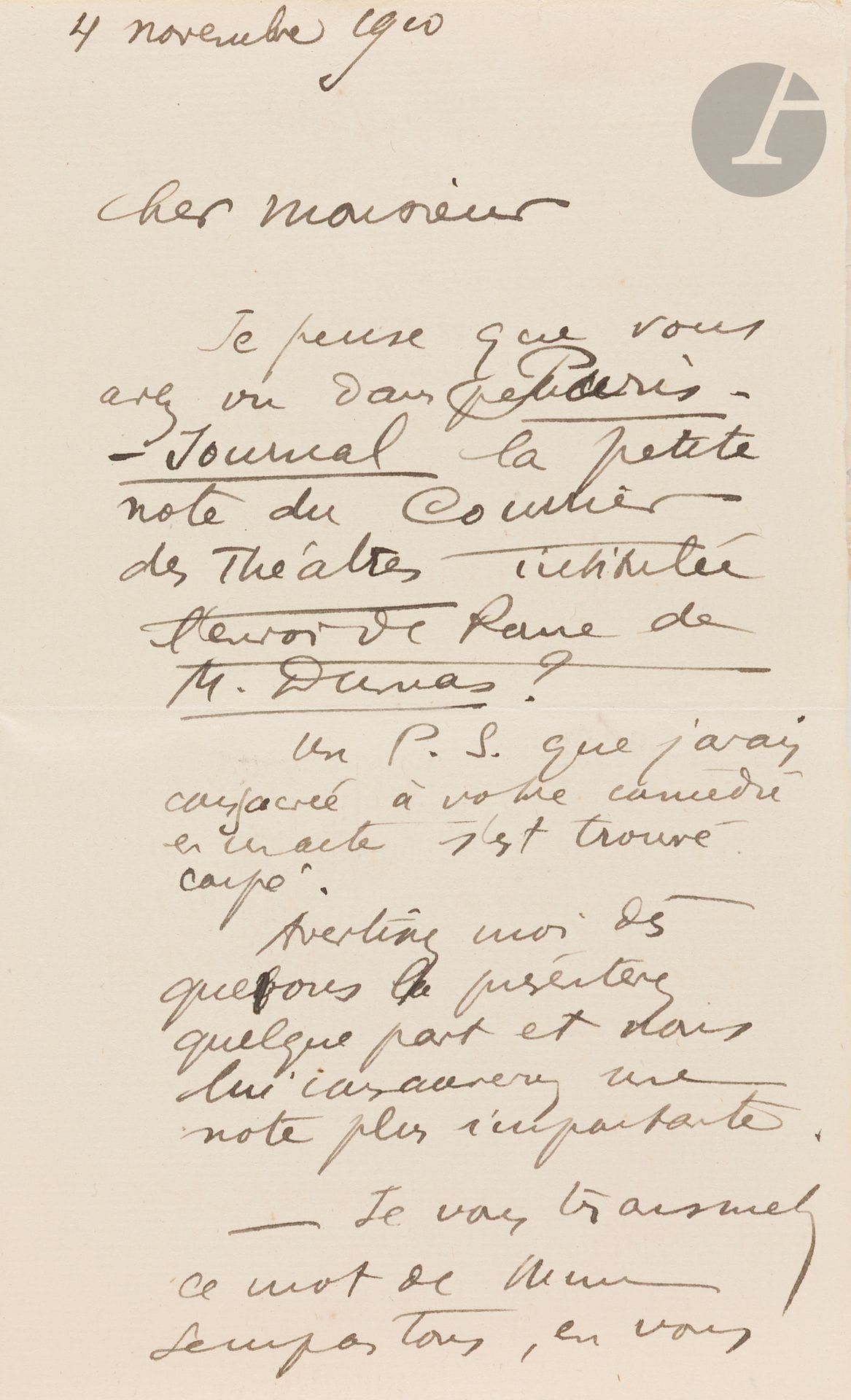 Henri ALAIN-FOURNIER (1886-1914).
L.A.S., November 4, 1910, [to Charles DUMAS]; 1 1/2 pages in-8 on laid paper.
He mentions his note from the "Courrier des Théâtres" in Paris-Journal, "entitled l'envoi de Rome de M. Dumas" [Charles's brother, the composer Louis Dumas (1877-1952), who had won the Grand Prix de Rome in 1906, and in 1910 sent a lyric tale, Le Médecin de Salerne]. He adds: "A P.S. I had dedicated to your one-act comedy has been cut. Let me know as soon as you present it somewhere, and we'll devote a more important note to it". He asks him to take an interest in Mme Sempastous' situation. He gives her address as "2, rue Cassini".
[The same fate befell the two men who died for France in 1914: Alain-Fournier on September 22, and Charles Dumas on October 31.
The poet Charles Dumas (1881-1914) had won the Prix Sully-Prudhomme in 1903 for his first collection, L'Eau souterraine. His one-act comedy in verse, Marceline, which Alain-Fournier wrote about, was performed at the Odéon].