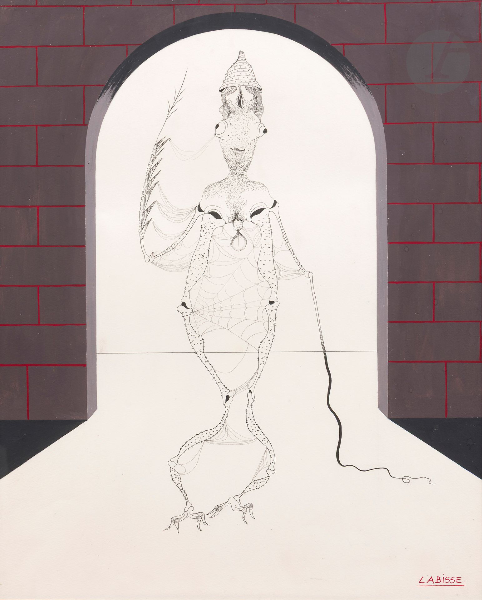 Félix LABISSE (1905-1982)
L'Homlige, 1974
Gouache and ink.
Signed lower right.
56 x 45 cm

We would like to thank Mr. Jean Binder for the information he provided. 

 This is an original drawing and gouache by Labisse for the head copies on Japon of Tchou's 1974 deluxe reprint of his 1948 "Histoire naturelle". The book, comprising thirty lithographs and thirty texts, was presented in April 1975 at the Galerie Tchou on rue des Grands Augustins in Paris.