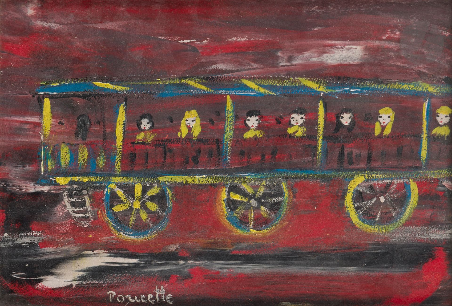 POUCETTE (1935-2006)
Le Voyage en charrette
Huile sur toile.
Signée en bas à gauche.
24 x 35 cm