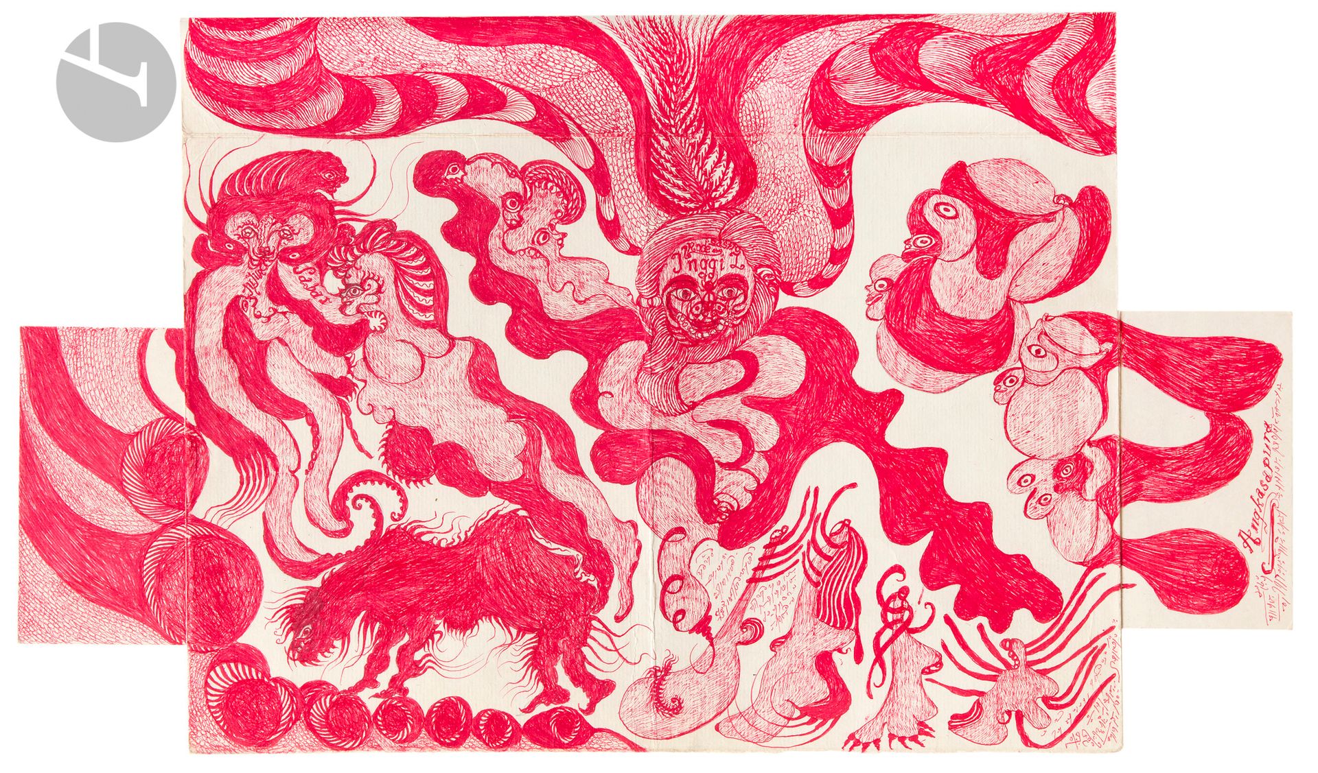 Noviadi ANGKASAPURA [Papouan-Néo-Guinéen] (né en 1979)
Inggi
Stylo-bille rouge sur plusieurs papiers.
Signé sur le côté droit.
Titré au centre.
28,5 x 48,5 cm

Provenance : 
Collection Jean-Jacques Plaisance, Galerie Les Yeux Fertiles, Paris.

 Noviadi Angkasapura (né en 1979 en Nouvelle-Guinée occidentale) commence à dessiner à 22 ans après une expérience spirituelle: il affirme avoir été visité par un esprit qui lui aurait transmis un message contenant des notions de « patience » et de « paix », et l’aurait exhorté à se mettre à dessiner. Pour lui, le dessin devient un acte sacré, entre prière et méditation, à travers lequel il transmet des messages. Ses œuvres, peuplées de créatures hybrides et fantastiques, s’inspirent librement de traditions iconographiques asiatiques tout en conservant une forte originalité. Travaillant avec des moyens modestes sur de petits formats, il vit aujourd’hui à Jakarta et est représenté par plusieurs galeries. Ses œuvres figurent notamment dans la Collection de l’Art Brut à Lausanne.