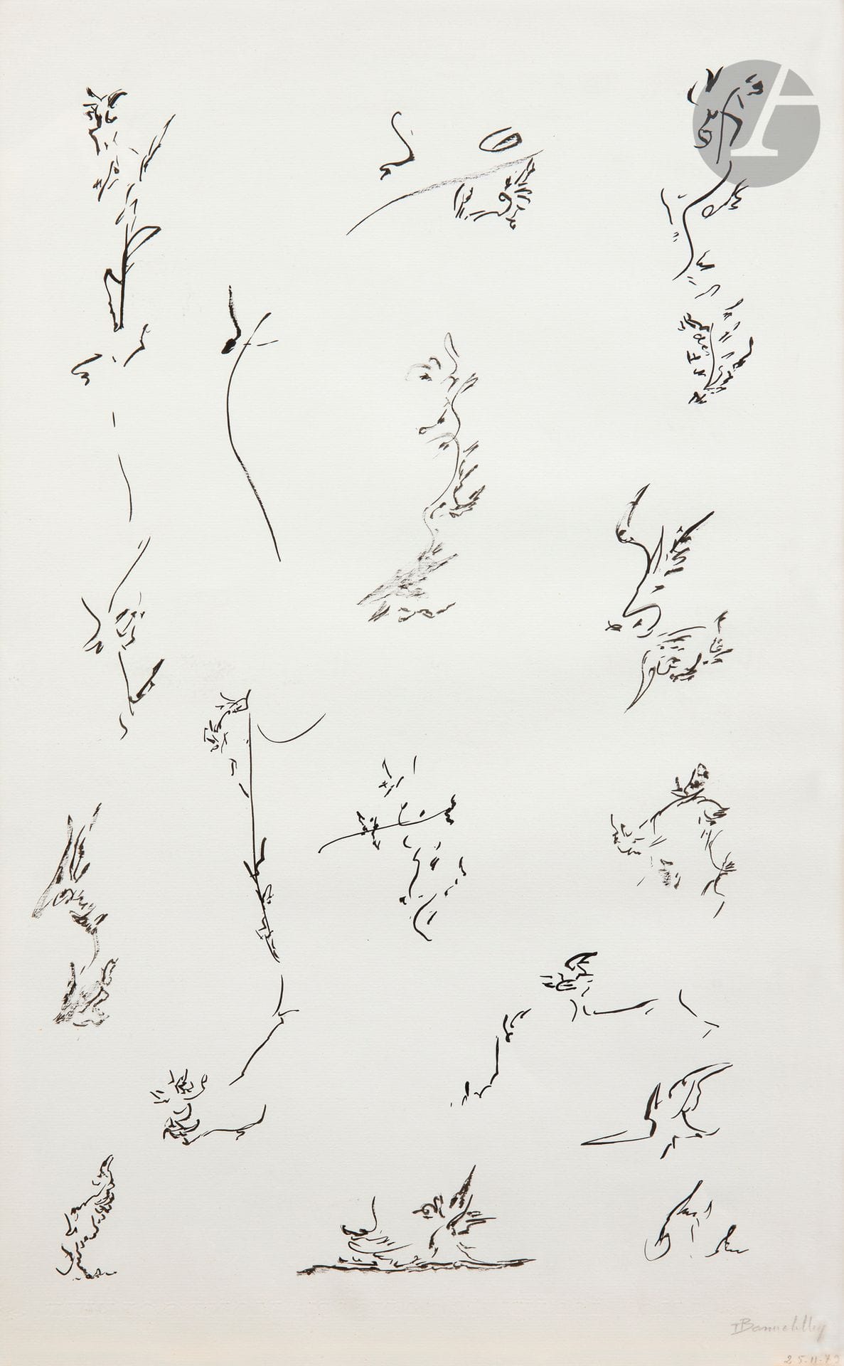 Thérèse BONNELALBAY (1931-1980)
Sans titre, 1979
Encre sur papier.
Signée et datée en bas à droite.
49,5 x 31,5 cm

Provenance : 
Collection Jean-Jacques Plaisance, Galerie Les Yeux Fertiles, Paris.

Issue d’un milieu ouvrier, Thérèse Bonnelalbay exerce le métier d’infirmière dans une clinique marseillaise lorsqu’elle épouse Joseph Guglielmi, instituteur et poète. Tous deux militants au sein du Parti communiste, c’est au cours des réunions politiques qu’elle aurait réalisé ses premiers dessins. Ceux-ci sont d’abord marqués par l’influence des idéogrammes extrême-orientaux, qui ont également inspiré des poètes comme Henri Michaux ou Christian Dotremont dans leur quête d’une écriture hybride, où se fondent dessin et texte. En 1967, elle fait partie l’exposition historique L’Art Brut au musée des Arts décoratifs de Paris. 
Elle disparaît dans la nuit du 16 février 1980, elle est retrouvée un mois plus tard près des écluses de Suresnes.