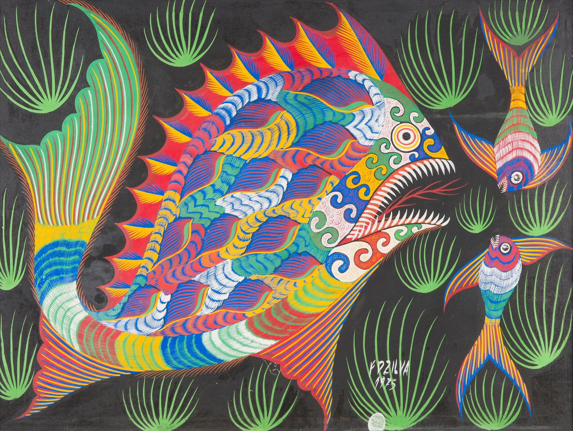 Francisco DA SILVA [brésilien] (1910-1985)
Poissons, 1975
Huile sur toile.
Signée et datée en bas vers la droite.
67 x 89 cm
