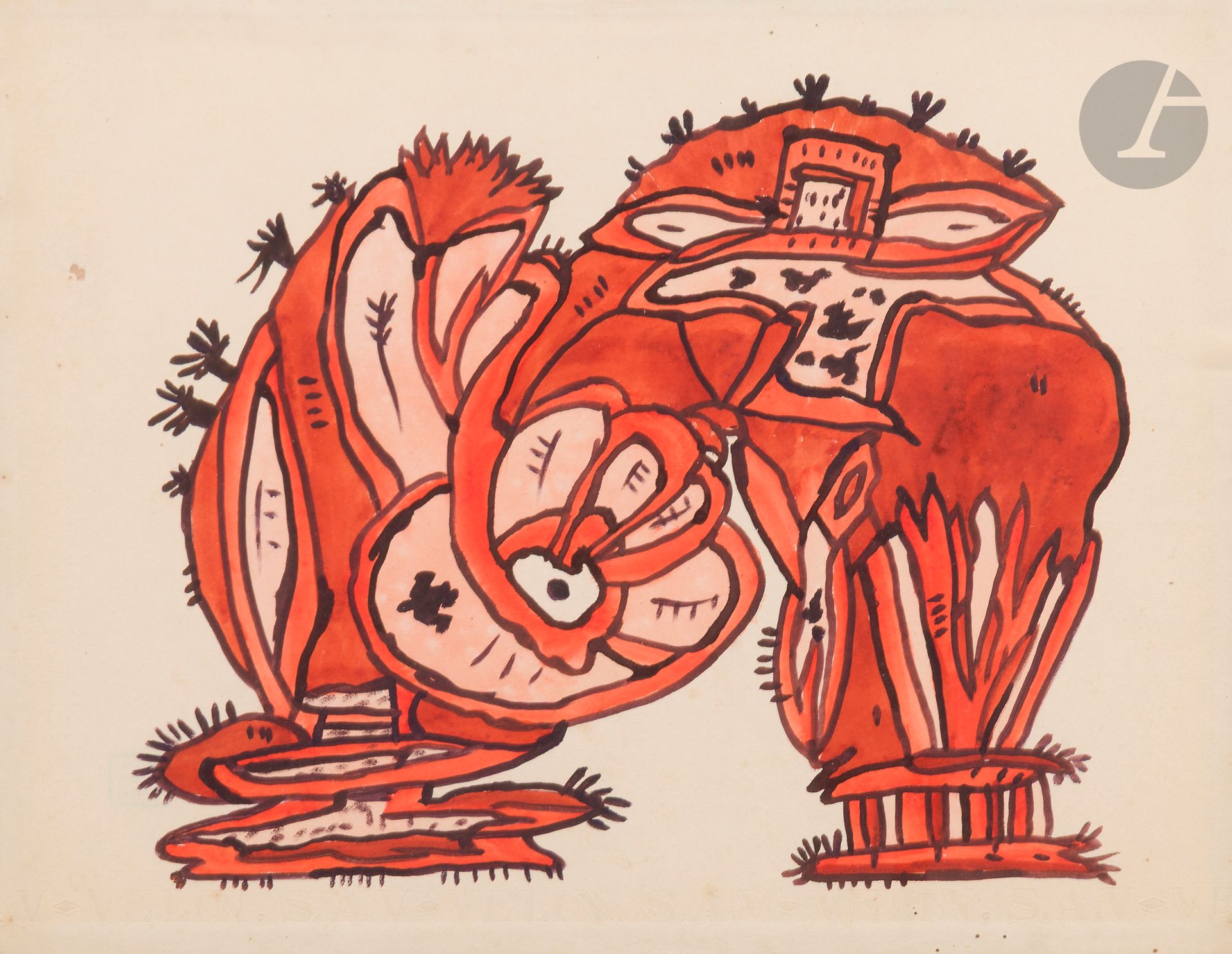 Gaston CHAISSAC (1910-1964)
Untitled, circa 1941
Gouache on paper.
Studio stamp on back.
(Minor damage to paper).
24 x 32 cm

Provenance : 
René Drouin Collection.

A certificate n° 1210 by Thomas le Guillou, dated November 30, 2022, will be given to the buyer.