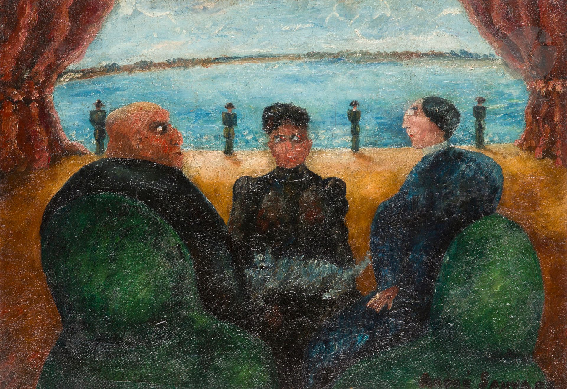 André SAUVAGE (1891-1975)
Des gens heureux, 1928
Huile sur toile.
Signée en bas à droite.
Titrée et datée au dos.
38 x 55 cm