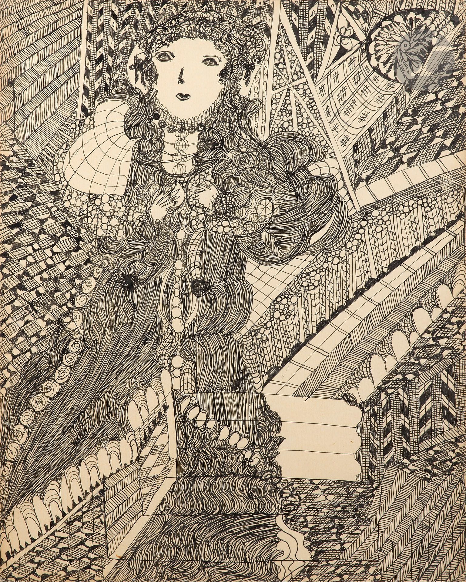 Madge GILL [British] (1882-1961)
Face
India ink on cardboard.
Unsigned.
Dated "Com 29th May, fin 20th June" on the back.
63 x 50.5 cm

Provenance : 
- Monica Kinley Collection, London.
- Collection Jean-Jacques Plaisance, Galerie Les Yeux Fertiles, Paris.

Exhibition: 
Raw Vision, 25 ans d'art brut, 2013, catalog, reproduced p. 116.