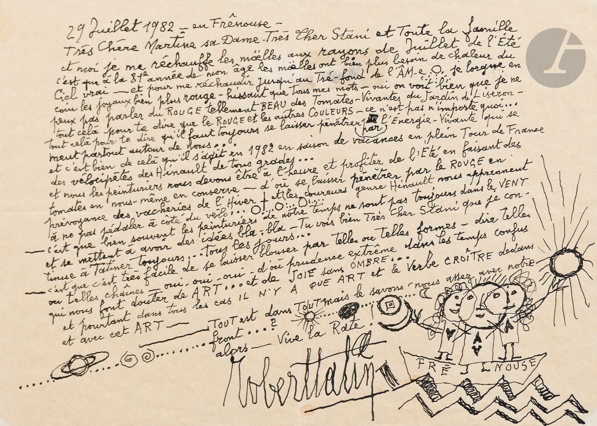 Robert TATIN (1902-1983)
Frénouse, 1982
Ink - Letter.
Signed and dated.
21 x 19 cm