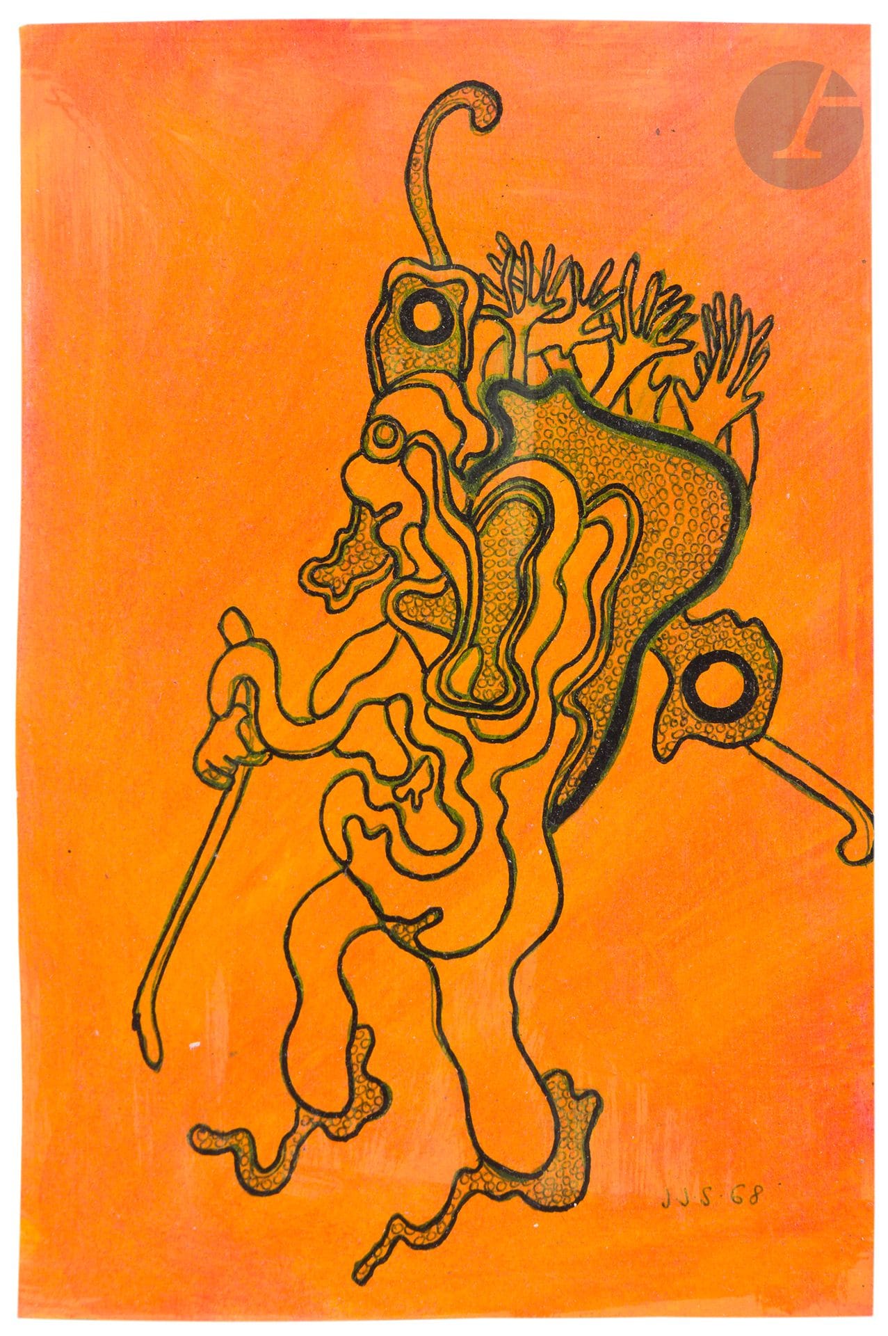 Jean-Joseph SANFOURCHE (1929-2010)
Personnage à la hotte, 1968
Gouache, encre et stylo-bille.
Monogrammée et datée en bas à droite.
20,5 x 14 cm

Un certificat de Monsieur Jean-Luc Thuillier en date du 13 mai 2025, sera remis à l’acquéreur.