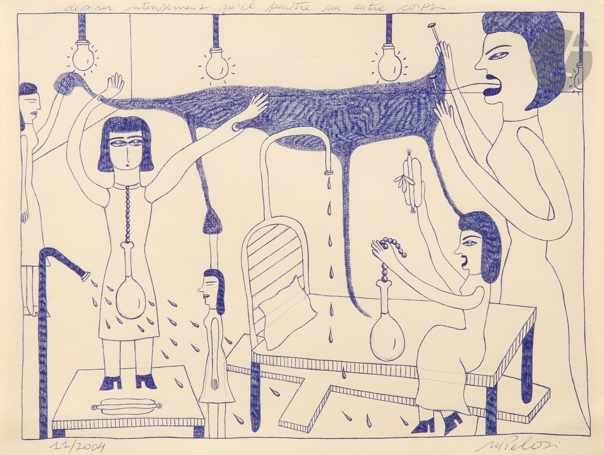 Marilena PELOSI HUISSOUD [brésilienne] (née en 1957)
Désirer intensément qu’il pénètre un autre corps, 2004
Stylo-bille bleu sur papier.
Signé en bas à droite.
Daté en bas à gauche.
Titré en tête.
24 x 31,5 cm

Provenance : 
- Galerie Objet Trouvé, Paris (étiquette au dos).
- Collection Jean-Jacques Plaisance, Galerie Les Yeux Fertiles, Paris.