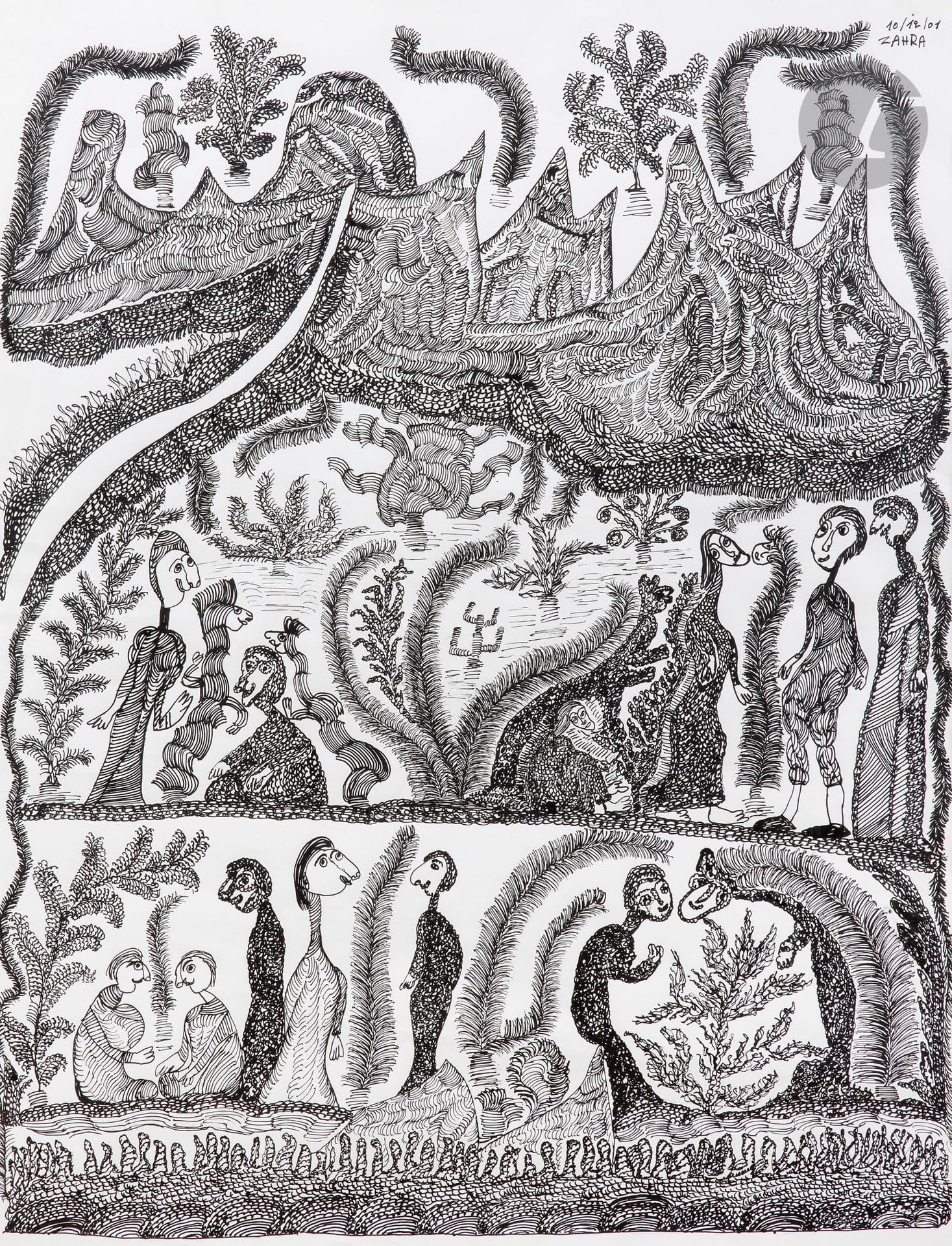 Zahra Sarah TOUGHRAÏ [Moroccan] (b. 1949)
Characters in a fantasy landscape, 2001
Ink on paper.
Signed and dated on the right.
64.5 x 49 cm

Provenance : 
- Galerie Objet Trouvé, Paris. 
- Collection Jean-Jacques Plaisance, Galerie Les Yeux Fertiles, Paris.

A certificate from Galerie Objet Trouvé, dated February 9, 2007, will be given to the buyer.