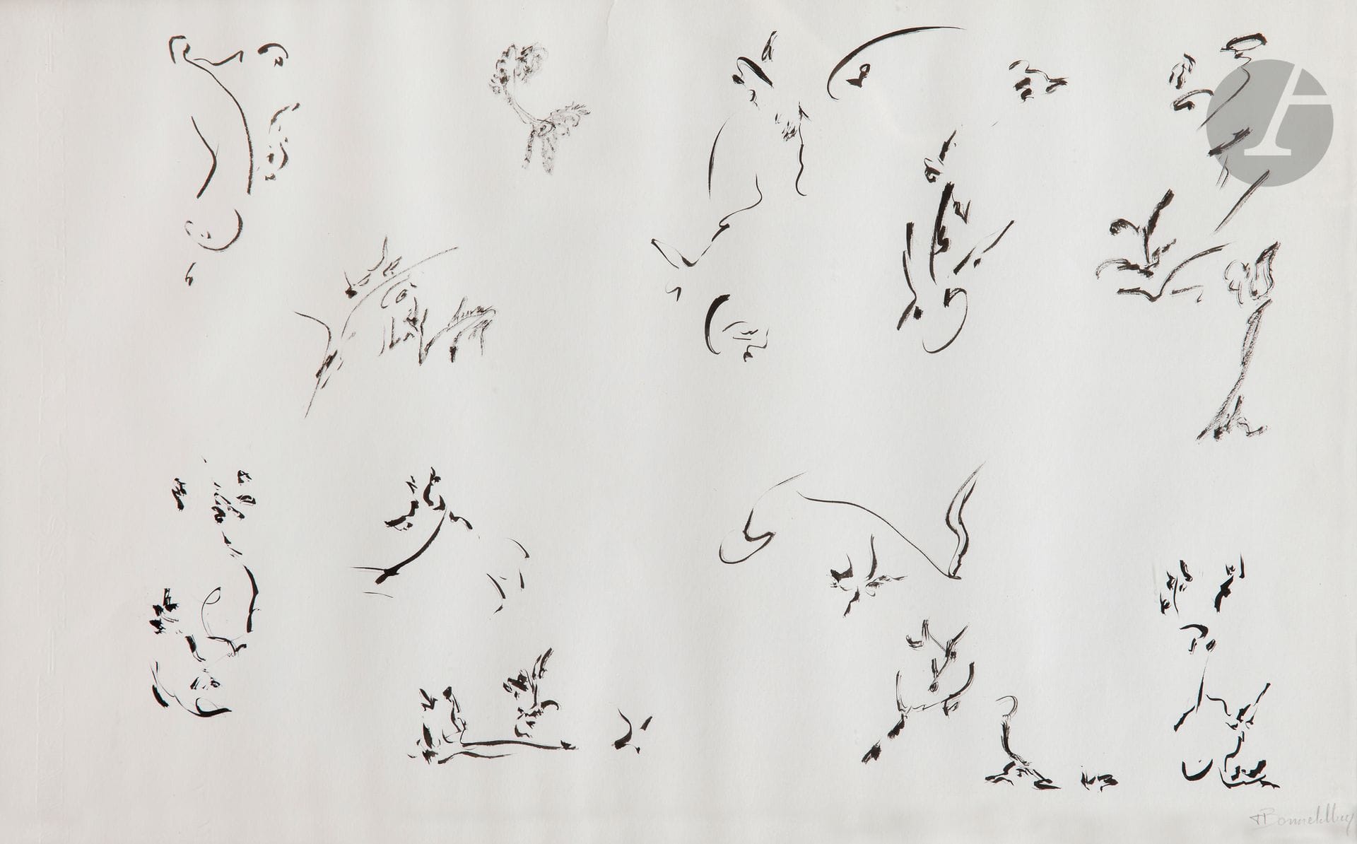 Thérèse BONNELALBAY (1931-1980)
Untitled, 1979
Ink on paper.
Signed lower right.
31.5 x 49.5 cm

Provenance : 
Collection Jean-Jacques Plaisance, Galerie Les Yeux Fertiles, Paris.

Born into a working-class family, Thérèse Bonnelalbay worked as a nurse in a Marseille clinic when she married Joseph Guglielmi, a schoolteacher and poet. Both activists in the Communist Party, it was during political meetings that she produced her first drawings. These were initially influenced by Far Eastern ideograms, which also inspired poets such as Henri Michaux and Christian Dotremont in their quest for a hybrid form of writing, where drawing and text merge. In 1967, she took part in the historic L'Art Brut exhibition at the Musée des Arts Décoratifs in Paris. 
She disappeared on the night of February 16, 1980, and was found a month later near the Suresnes locks.