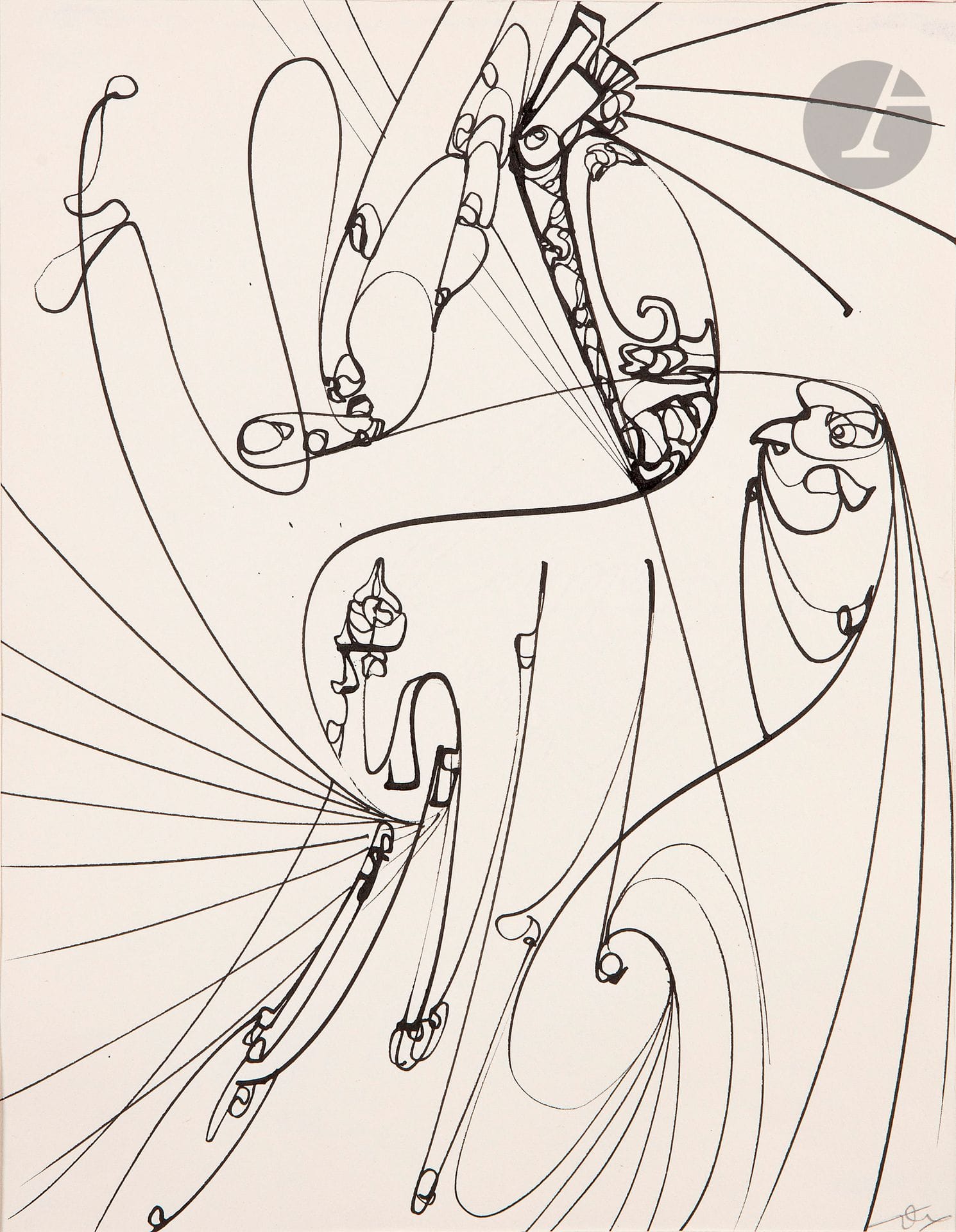 Adrien DAX (1913-1979)
Oiselures, 1961
Encre de Chine sur papier.
Signée en bas à droite.
27 x 20,5 cm