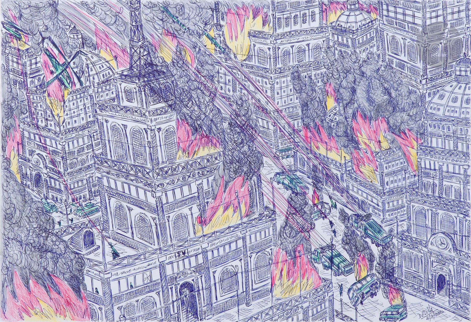 Damian VALDES DILLA [Cuban] (b. 1970)
Ville enflammée, 2016
Ballpoint pen, colored pencil and graphite on paper.
Signed and dated lower right.
48.5 x 70 cm

Provenance : 
Collection Jean-Jacques Plaisance, Galerie Les Yeux Fertiles, Paris.

Damian Valdes Dilla, having left school at the age of 17 due to serious psychological problems, returned to live with his mother in a small apartment in Havana after an unsuccessful marriage. In this environment, he finds an escape by constructing architectural structures, such as buildings, towers and apartment blocks, as well as flying vehicles, using salvaged materials. 
From 2014, Damian ventured into a new artistic field, drawing meticulously detailed and ordered cities. These drawings stand in stark contrast to the chaos of his earlier assemblages. In his representations, he seems to seek order and structure, in contrast to the chaotic material world in which he lives. These drawn cities perhaps reveal his quest for stability and control in an inner world disrupted by his psychic struggles. 
His works can be found at the Musée National d'Art Moderne and in the abcd collection.