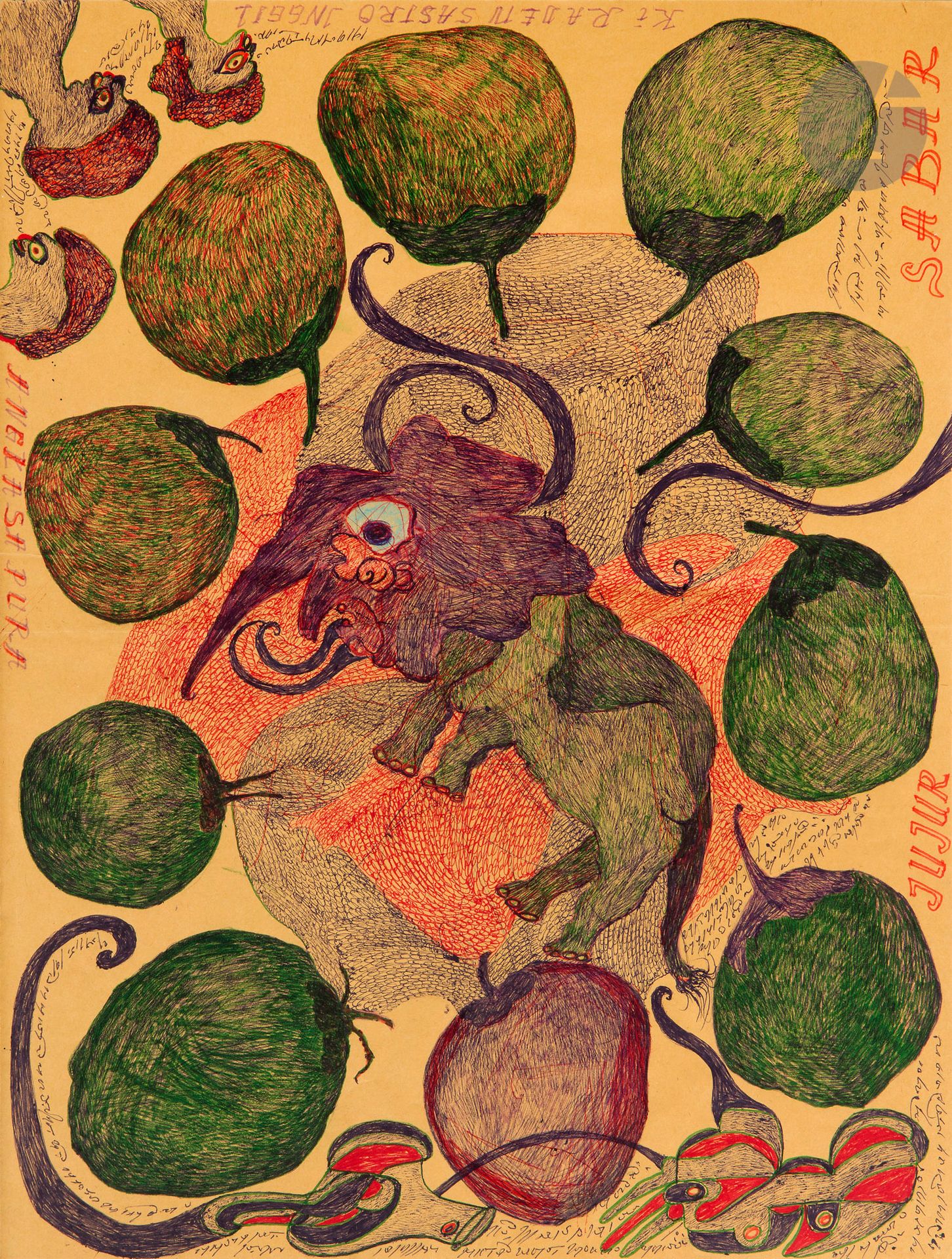 Noviadi ANGKASAPURA [Papua New Guinean] (b. 1979)
Jujur Sabar
Colored ballpoint pen on paper.
Signed lower left.
Titled on the right edge.
40 x 30 cm

Provenance : 
Collection Jean-Jacques Plaisance, Galerie Les Yeux Fertiles, Paris.

Noviadi Angkasapura (b. 1979, West New Guinea) began drawing at the age of 22 after a spiritual experience: he claims to have been visited by a spirit who conveyed a message containing notions of "patience" and "peace", and urged him to start drawing. For him, drawing becomes a sacred act, somewhere between prayer and meditation, through which he transmits messages. His works, populated by fantastical, hybrid creatures, are freely inspired by Asian iconographic traditions, while retaining a strong sense of originality. Working with modest means on small formats, he now lives in Jakarta and is represented by several galleries. His works can be found in the Collection de l'Art Brut in Lausanne.