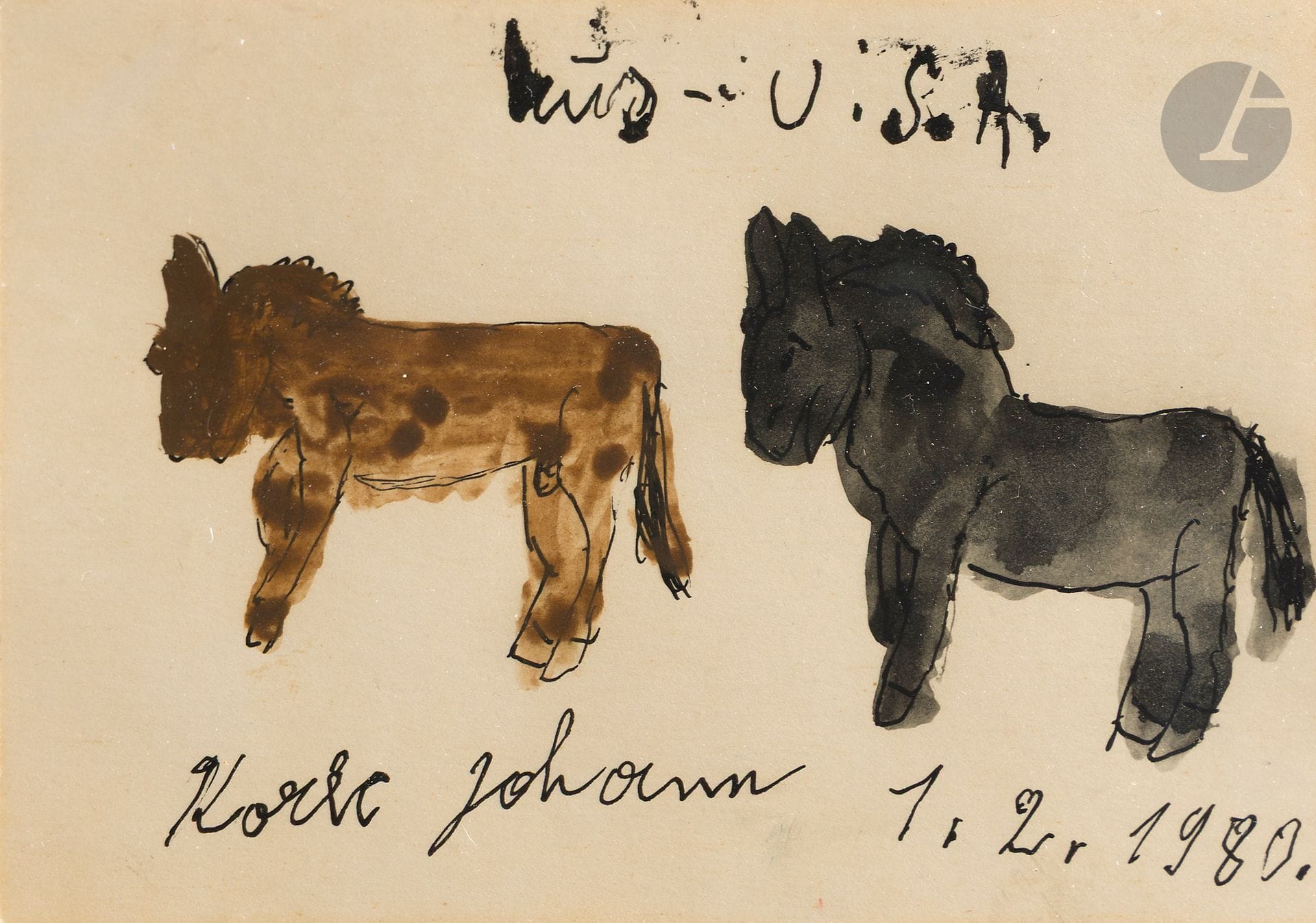 Johann KOREC [autrichien] (1937-2008)
Chevaux, 1980
Gouache et encre de Chine sur papier.
Signée et datée en pied.
10,5 x 15 cm

Provenance : 
- Collection du Docteur Léo Navratil. 
- Collection Jean-Jacques Plaisance, Galerie Les Yeux Fertiles, Paris.

 Psychiatre à la clinique de Gugging et auteur de Schizophrénie et Art (Schizophrenie und Kunst), Léo Navratil est à la source de la création de la Haus der Künstler (Maison des Artistes) en 1986 avec son successeur le docteur Johann Feilacher. Il s’agit d’une expérience unique au monde qui a donné naissance à un atelier d’art-thérapie, où les artistes-patients reconnus sont exposés dans le monde entier.