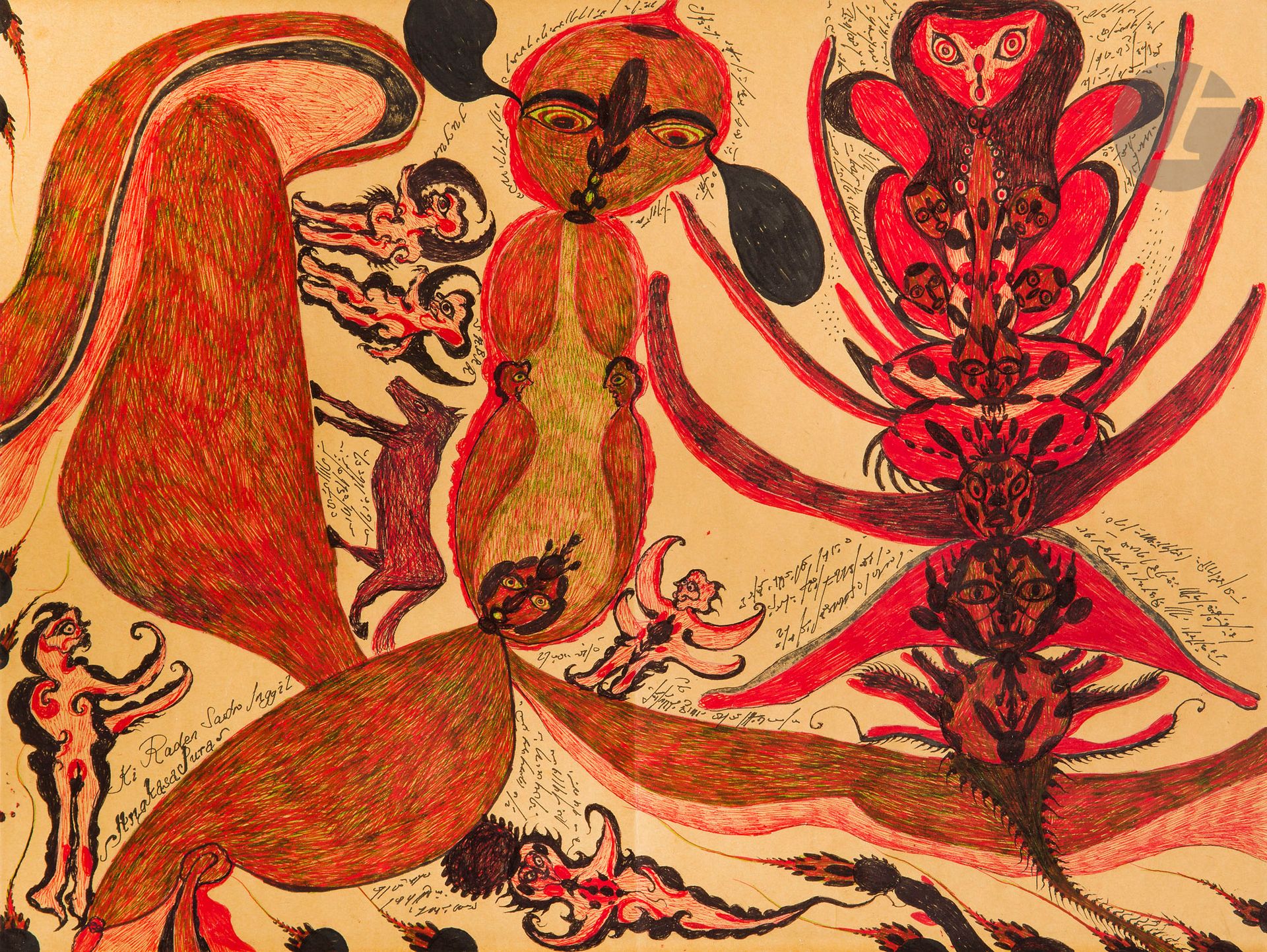 Noviadi ANGKASAPURA [Papouan-Néo-Guinéen] (né en 1979)
Ki Rader Sacho Inggit
Stylos-billes de couleur sur papier.
Signé et titré en bas à gauche.
30 x 39,5 cm

Provenance : 
Collection Jean-Jacques Plaisance, Galerie Les Yeux Fertiles, Paris.

Noviadi Angkasapura (né en 1979 en Nouvelle-Guinée occidentale) commence à dessiner à 22 ans après une expérience spirituelle: il affirme avoir été visité par un esprit qui lui aurait transmis un message contenant des notions de « patience » et de « paix », et l’aurait exhorté à se mettre à dessiner. Pour lui, le dessin devient un acte sacré, entre prière et méditation, à travers lequel il transmet des messages. Ses œuvres, peuplées de créatures hybrides et fantastiques, s’inspirent librement de traditions iconographiques asiatiques tout en conservant une forte originalité. Travaillant avec des moyens modestes sur de petits formats, il vit aujourd’hui à Jakarta et est représenté par plusieurs galeries. Ses œuvres figurent notamment dans la Collection de l’Art Brut à Lausanne.