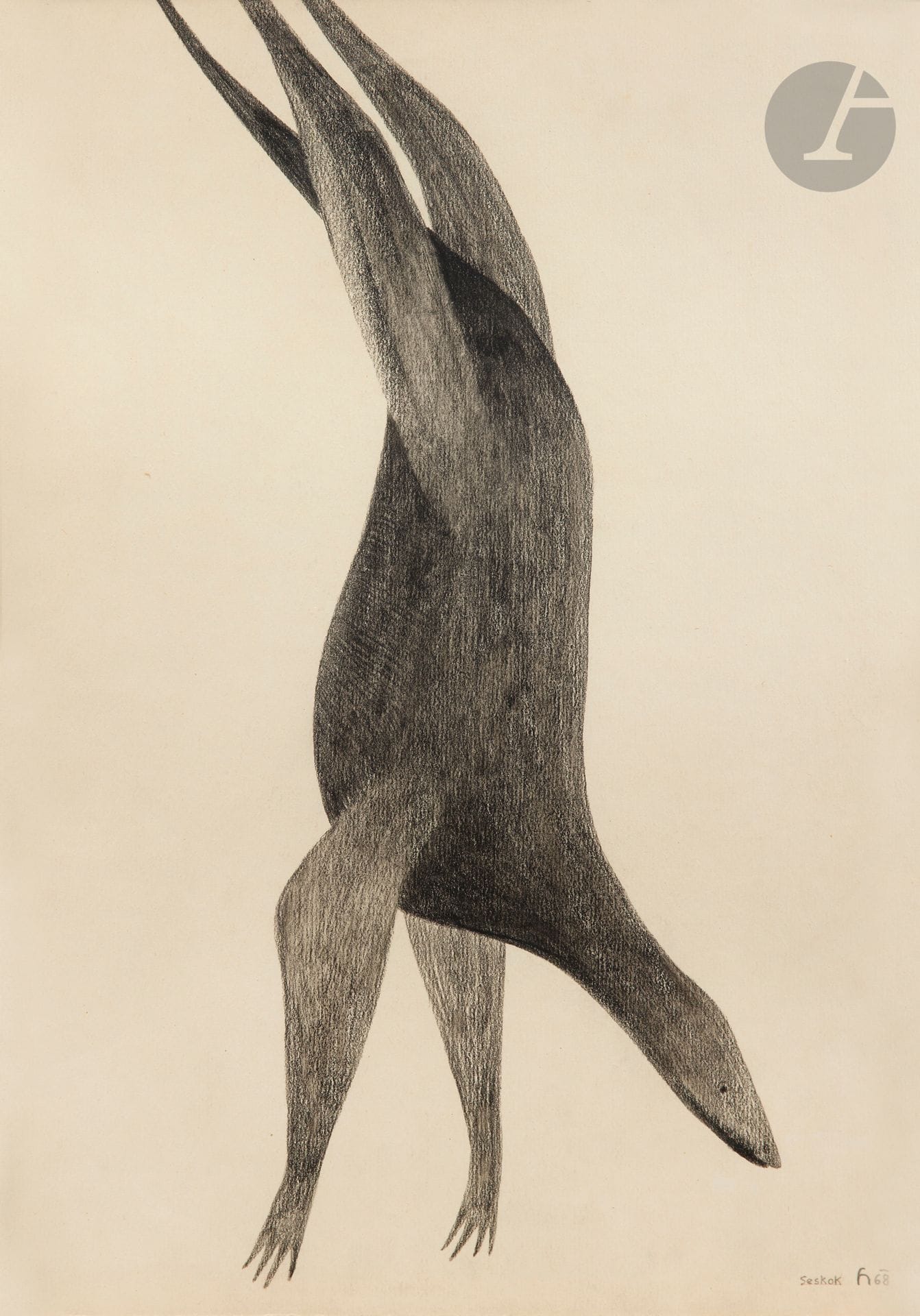 Karel HAVLICEK [allemand] (1907-1988)
Seskok, 1968
Crayon noir sur papier.
Signé et daté en bas à droite.
42 x 29,5 cm

Provenance : 
Collection Jean-Jacques Plaisance, Galerie Les Yeux Fertiles, Paris.

Tout d’abord avocat, Karel Havlicek doit abandonner son métier pour des raisons politiques et devient ouvrier. Un jour, alors qu’il marchait dans la rue, il s’arrêta et regarda le ciel puis dit à sa femme : « A partir d’aujourd’hui, je vais faire un dessin par jour pour remercier la vie ». Il travaille uniquement le soir, suivant un protocole rituel qui fait penser à la mise en condition des pratiques automatiques. En 1948, le critique d’art Karel Teige envisage de lui organiser une exposition, projet qui sera écrasé par les autorités politiques. Cet évènement l’affectera profondément.
