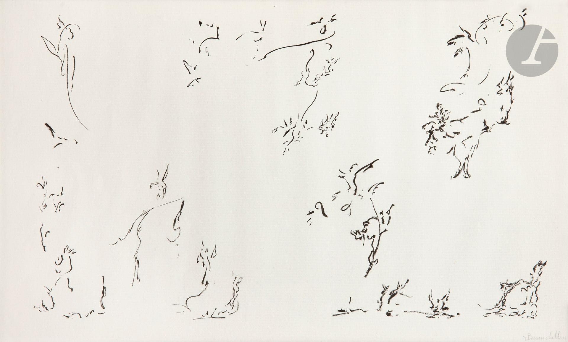 Thérèse BONNELALBAY (1931-1980)
Sans titre, 1979
Encre sur papier.
Signée en bas à droite.
31,5 x 49 cm

Provenance : 
Collection Jean-Jacques Plaisance, Galerie Les Yeux Fertiles, Paris.

Issue d’un milieu ouvrier, Thérèse Bonnelalbay exerce le métier d’infirmière dans une clinique marseillaise lorsqu’elle épouse Joseph Guglielmi, instituteur et poète. Tous deux militants au sein du Parti communiste, c’est au cours des réunions politiques qu’elle aurait réalisé ses premiers dessins. Ceux-ci sont d’abord marqués par l’influence des idéogrammes extrême-orientaux, qui ont également inspiré des poètes comme Henri Michaux ou Christian Dotremont dans leur quête d’une écriture hybride, où se fondent dessin et texte. En 1967, elle fait partie l’exposition historique L’Art Brut au musée des Arts décoratifs de Paris. 
Elle disparaît dans la nuit du 16 février 1980, elle est retrouvée un mois plus tard près des écluses de Suresnes.