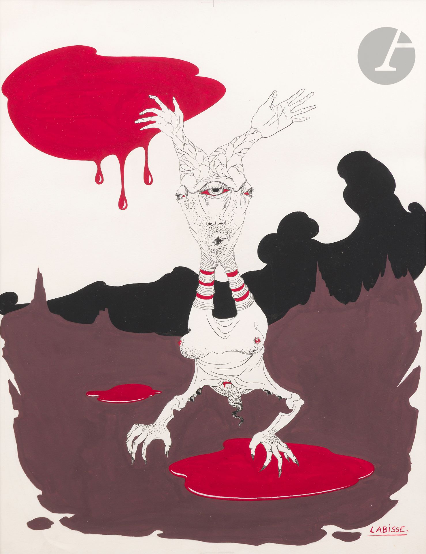 Félix LABISSE (1905-1982)
Le Manu militari
Gouache et encre.
Signée en bas à droite.
56 x 45 cm

Nous remercions Monsieur Jean Binder pour les informations qu’il nous a transmises. 

 Il s’agit d’un dessin original et gouache de Labisse pour les exemplaires de tête sur Japon de la réédition en ouvrage de luxe par Tchou en 1974 de son « Histoire naturelle » de 1948. L’ouvrage composé de trente lithographies et trente textes sous emboitage en plexiglas a été présenté en avril 1975 à la Galerie Tchou, rue des Grands Augustins à Paris.