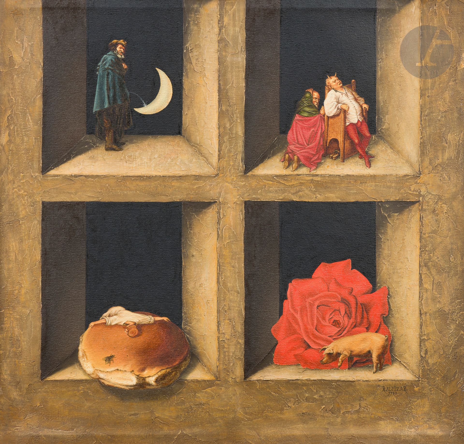 *Rubén ALPIZAR QUINTANA [cubain] (né en 1965)
Que Vida más Sana, Que morte más perversa, 1999
Huile sur toile.
Signée et datée en bas à droite.
Titrée au dos.
53 x 56 cm