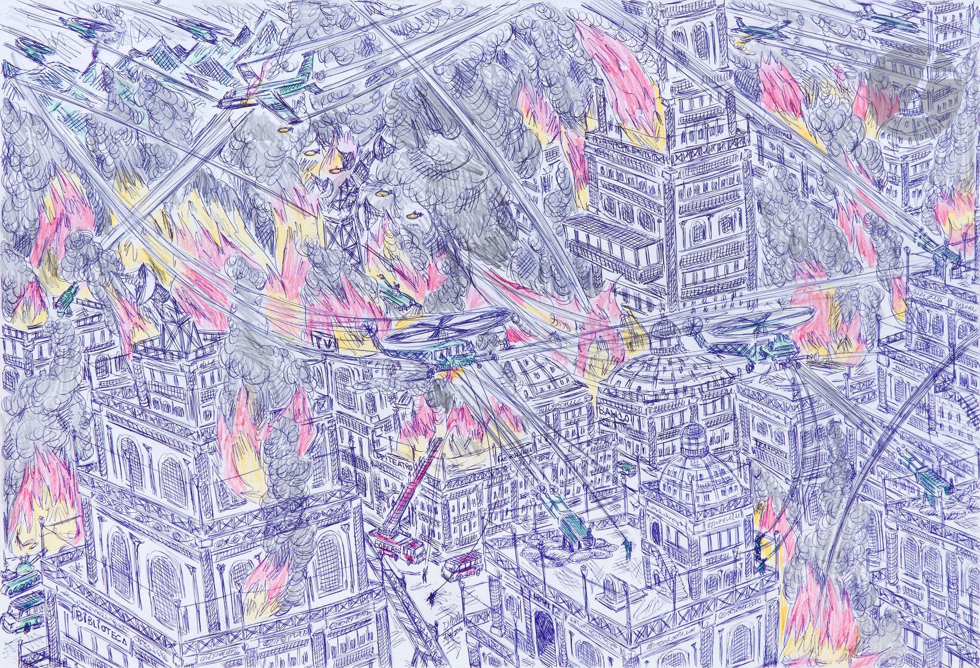 Damian VALDES DILLA [cubain] (né en 1970)
Ville enflammée, Biblioteca, 2016
Stylo-bille, crayons de couleur et mine de plomb sur papier.
Signé et daté en pied.
48,5 x 70 cm

Provenance : 
Collection Jean-Jacques Plaisance, Galerie Les Yeux Fertiles, Paris.

Damian Valdes Dilla, ayant quitté l’école à l’âge de 17 ans en raison de graves problèmes psychiques, retourne vivre avec sa mère dans un petit appartement à La Havane après un mariage infructueux. Dans cet environnement, il trouve une échappatoire en construisant des structures architecturales, telles que des bâtiments, des tours et des immeubles, ainsi que des véhicules volants, en utilisant des matériaux de récupération. 
À partir de 2014, Damian se lance dans un nouveau domaine artistique en dessinant des villes minutieusement détaillées et ordonnées. Ces dessins se distinguent nettement du chaos de ses assemblages précédents. Dans ses représentations, il semble rechercher l’ordre et la structure, en contraste avec le monde matériel chaotique dans lequel il vit. Ces villes dessinées révèlent peut-être sa quête de stabilité et de contrôle dans un univers intérieur perturbé par ses luttes psychiques. 
Ses œuvres sont présentes au Musée National d’Art Moderne ainsi que dans la collection abcd.