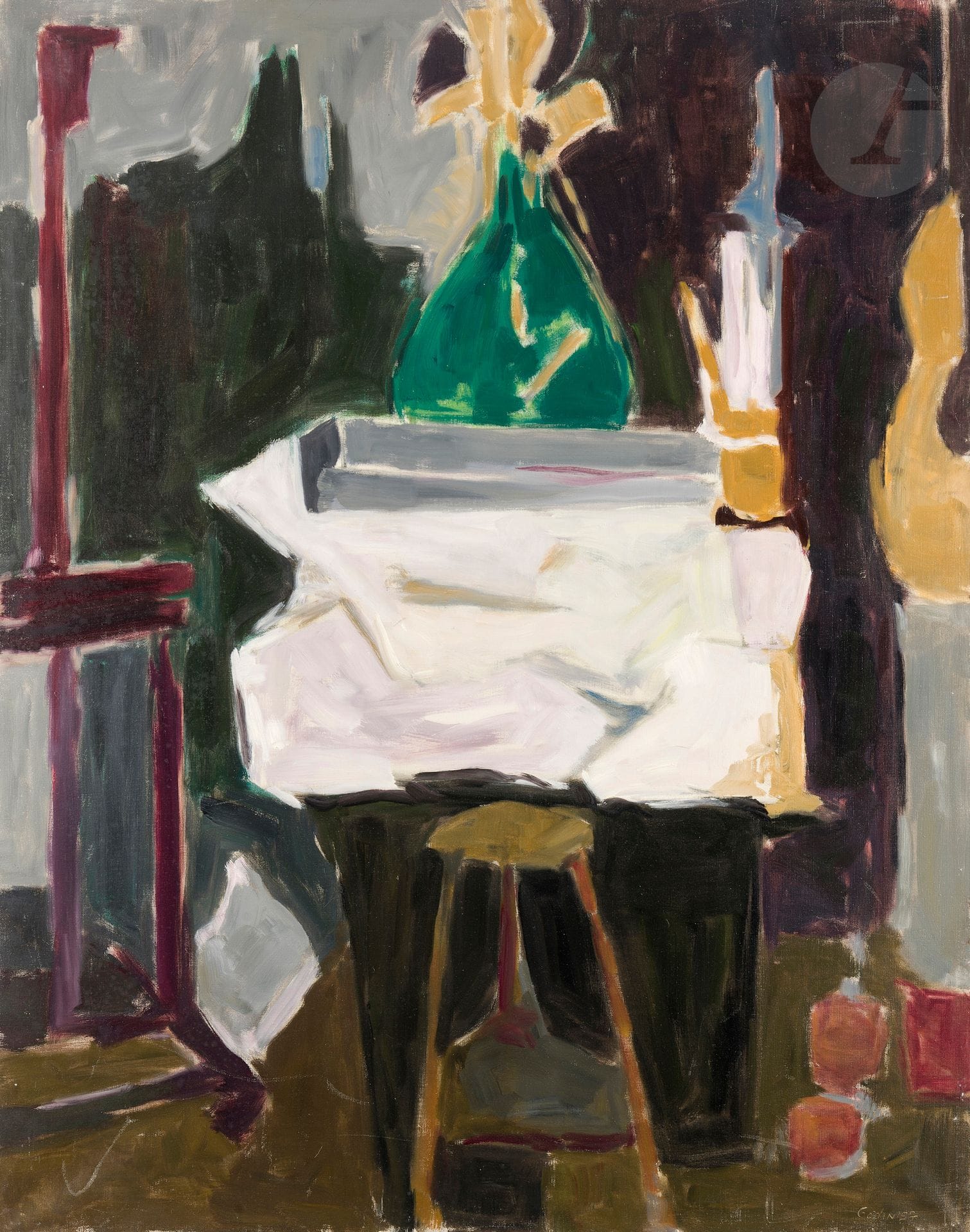 Raymonde GODIN (1930-2023)
Stool in the studio, 1957
Oil on canvas.
Signed and dated lower right.
Signed on the stretcher.
92 x 73 cm
