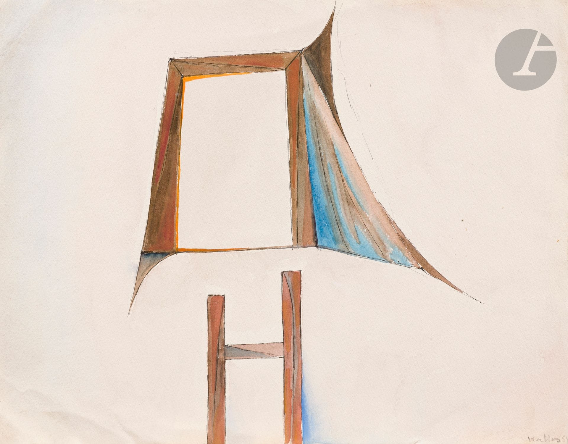 Paul KALLOS (1928-2001)
Échelle et fenêtre, 1951
Encre et gouache sur papier.
Signée et datée en bas à droite.
24 x 32 cm