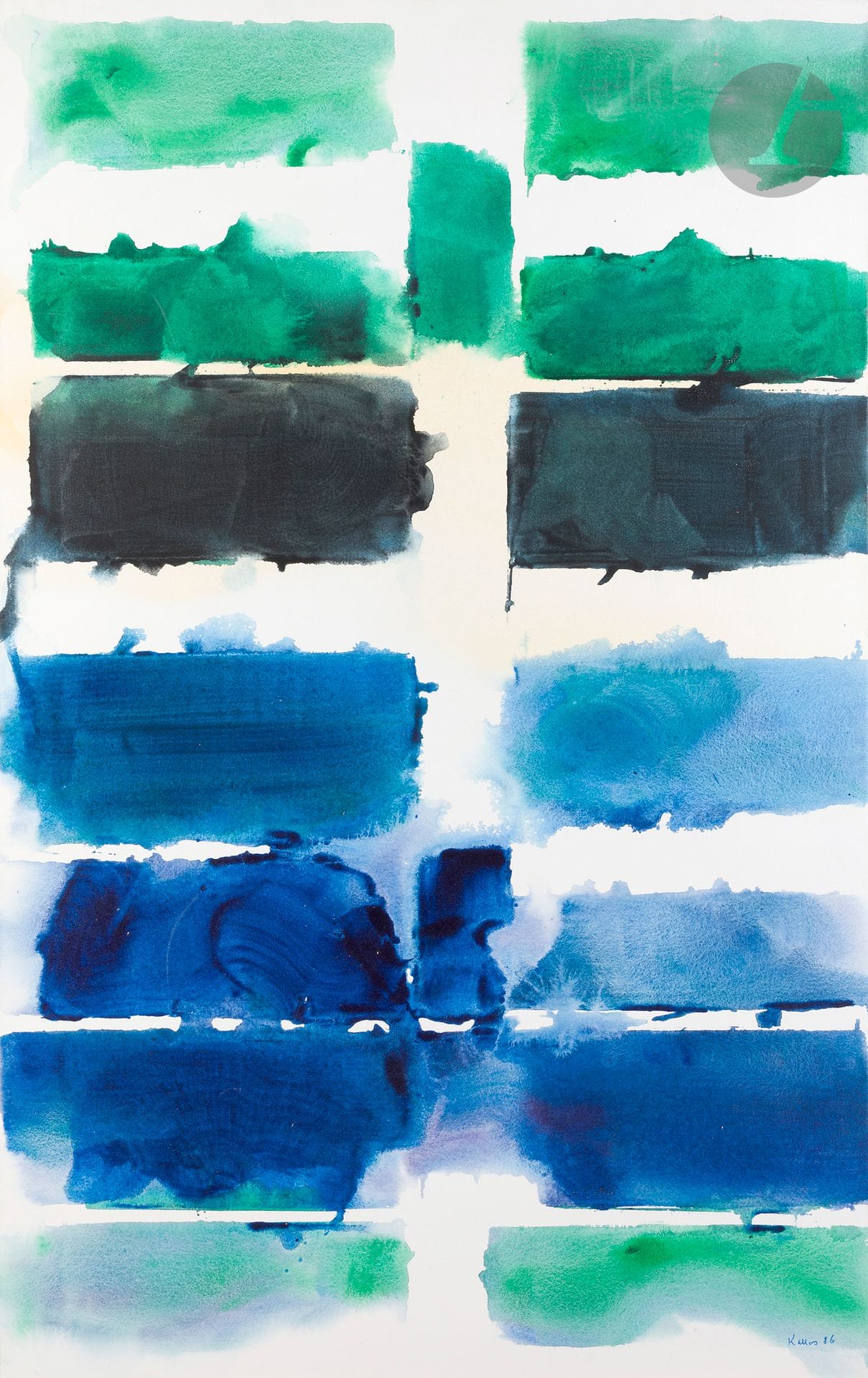 Paul KALLOS (1928-2001)
Strates - La Joie infinie des océans, 1986
Acrylique sur toile.
Signée et datée en bas à droite.
130 x 81 cm