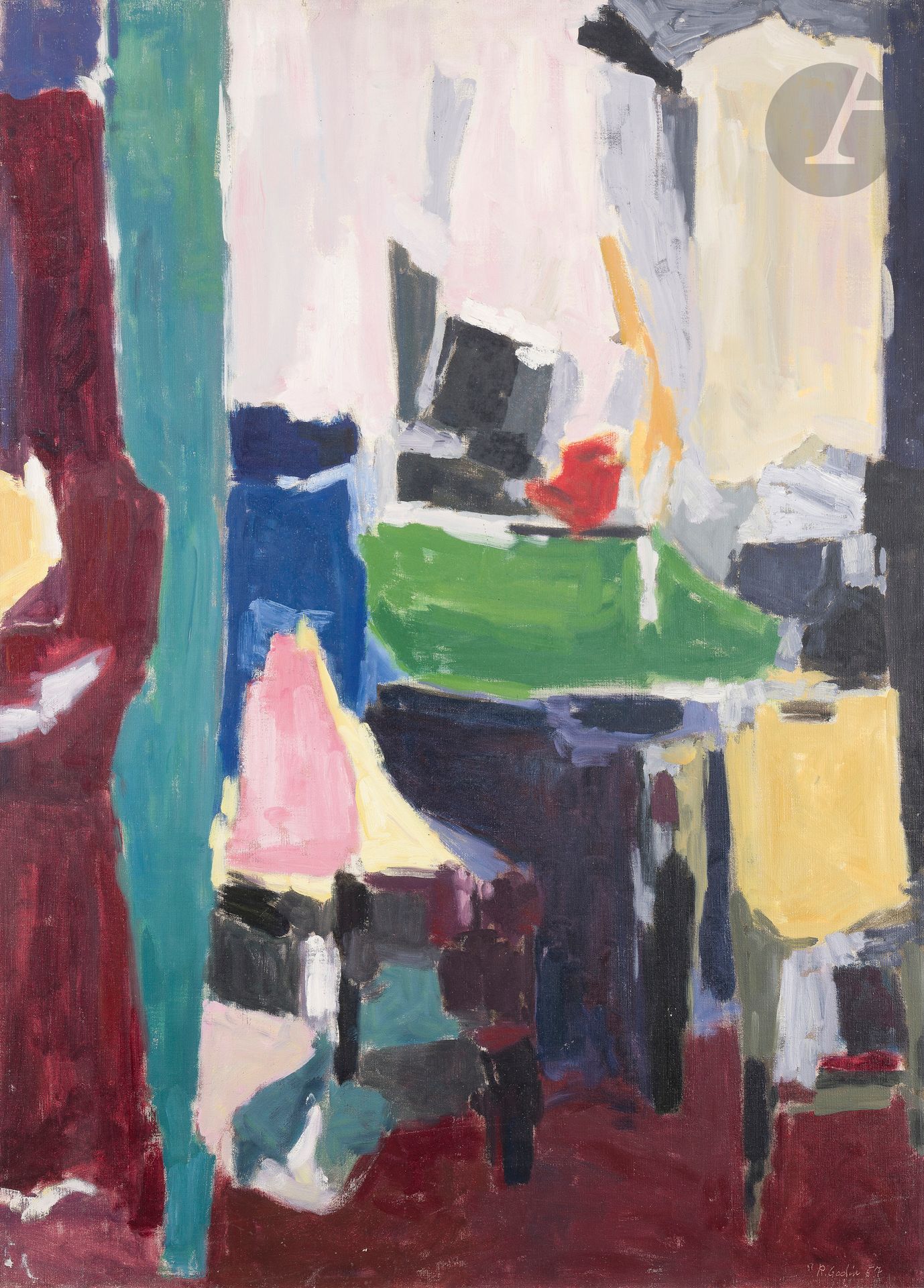 Raymonde GODIN (1930-2023)
Intérieur de l’atelier, 1957
Huile sur toile.
Signée et datée en bas à droite.
100 x 73 cm
