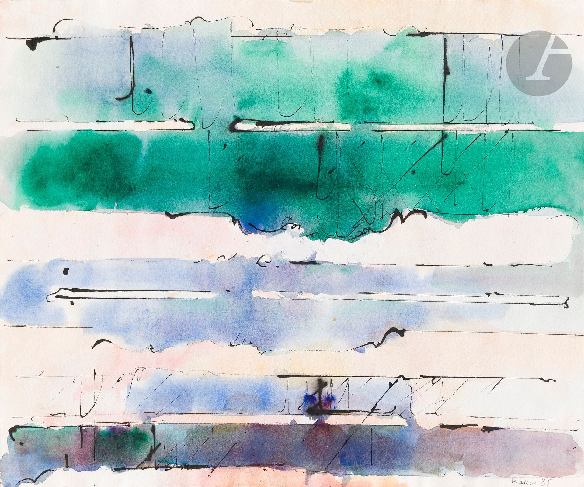 Paul KALLOS (1928-2001)
Strates, 1985
Encre et aquarelle.
Signée et datée en bas à droite.
36,5 x 46 cm